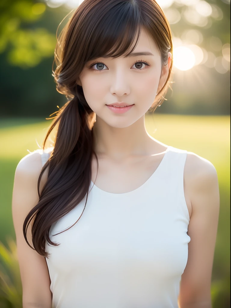 （1girll:1.0），(8K, Best quality, tmasterpiece),ultra - detailed, adolable, 独奏, cute Japan woman,brown  hair,By bangs, curlies, hair over shoulders, pony tails,Beautiful and delicate eyes,Eyes speak，full bodyesbian，Slender thighs，standing on your feet, Moisturizes skin, Titillating，Very sexy，and the sun was shining brightly,Beautiful detailed sky