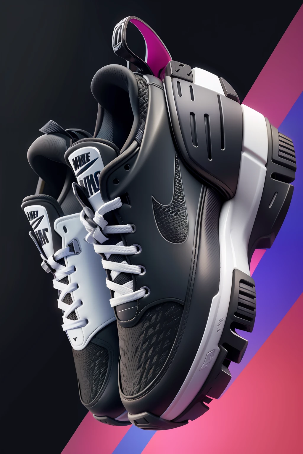 Nike Air Trainer Preto e Branco Baixo, Nike Alpha Huarache 7 Elite, ( preto marfim ), com linhas elegantes e um poderoso, Vista lateral acima, right angled view, Foto completa do produto, Miko, colorido no fundo sphash, vistas laterais frontais completas, com um fundo colorido sphash, !!Beautiful!!, running shoes, imagem de listagem, Frente cheia, mid view, colorido cores neon, obra-prima Picasso, relismo intrincado