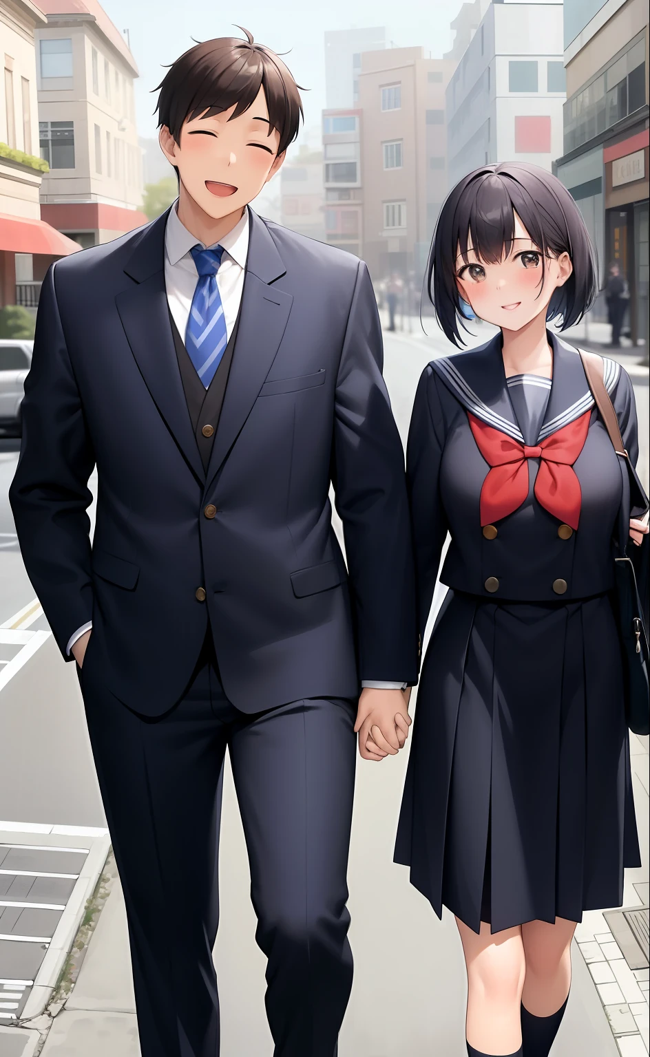 masterpiece, best quality, 2others, couple, 1man with 1woman, Height difference, happy, love, smile, school uniform, man wear suit uniform, woman wear sailor uniform, street background, walking together