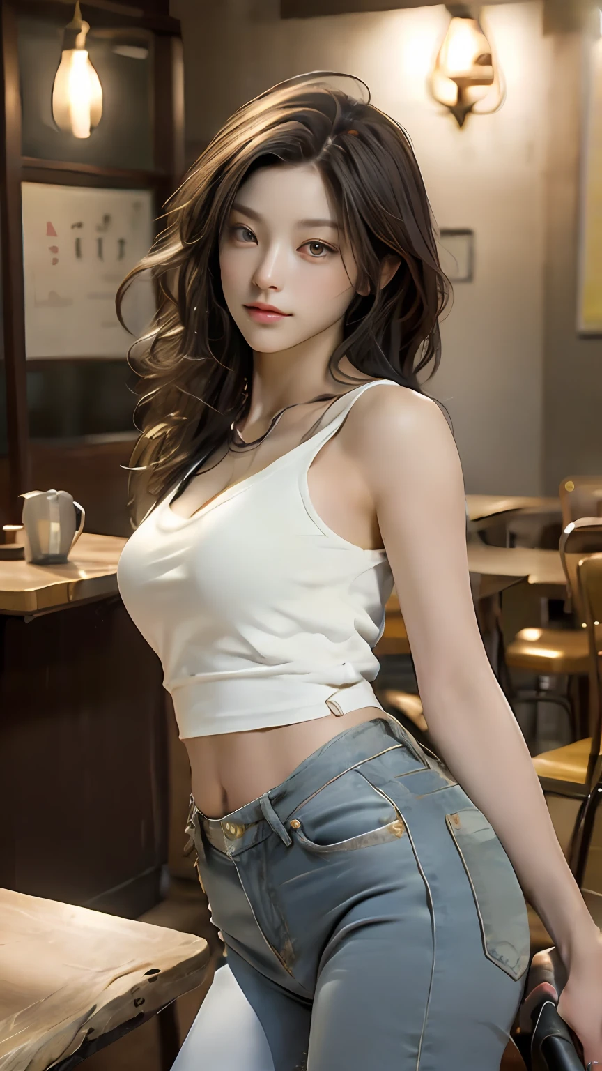 (realistic, high resolution:1.3), 1 girl with perfect figure, super fine face and eyes, long hair, tank top: 1.2 in random colors, short jeans, in a café, coffee on the table, big breasts, exposed cleavage