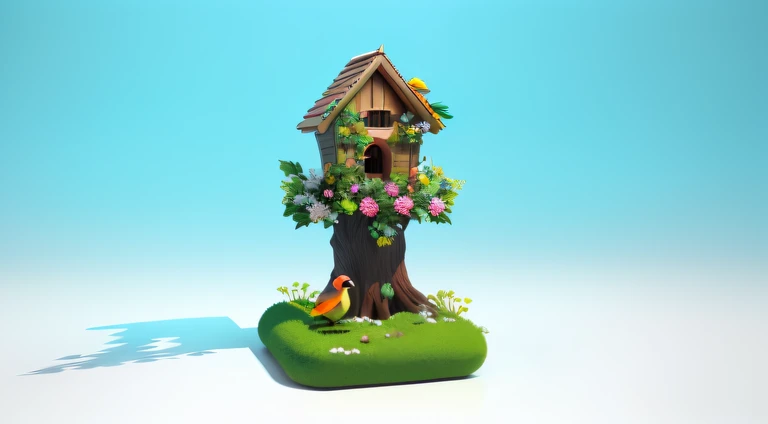 There is a bird house，There is a tree and a bird on it, stylized as a 3d render, stylized 3d render, 3 d render stylized, cute 3 d render, Stylized digital illustration, 3d clay render, 3 d clay render, 3 D 插图, 3D illustration, filled with plants and habitats, depicted as a 3 d render