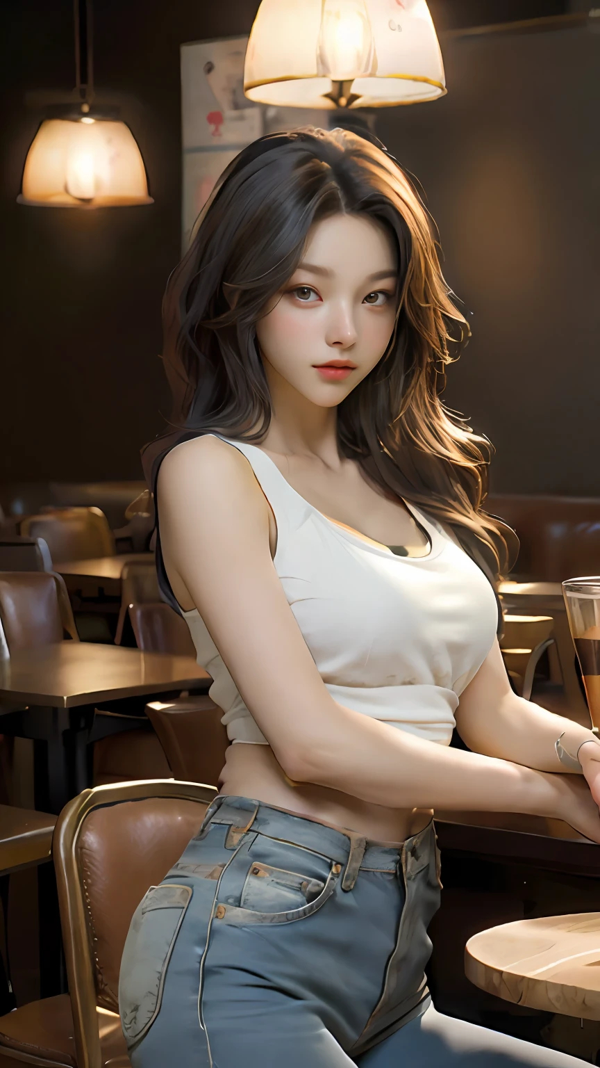 (realistic, high resolution:1.3), 1 girl with perfect figure, super fine face and eyes, long hair, tank top: 1.2 in random colors, short jeans, in a café, coffee on the table, big breasts, exposed cleavage