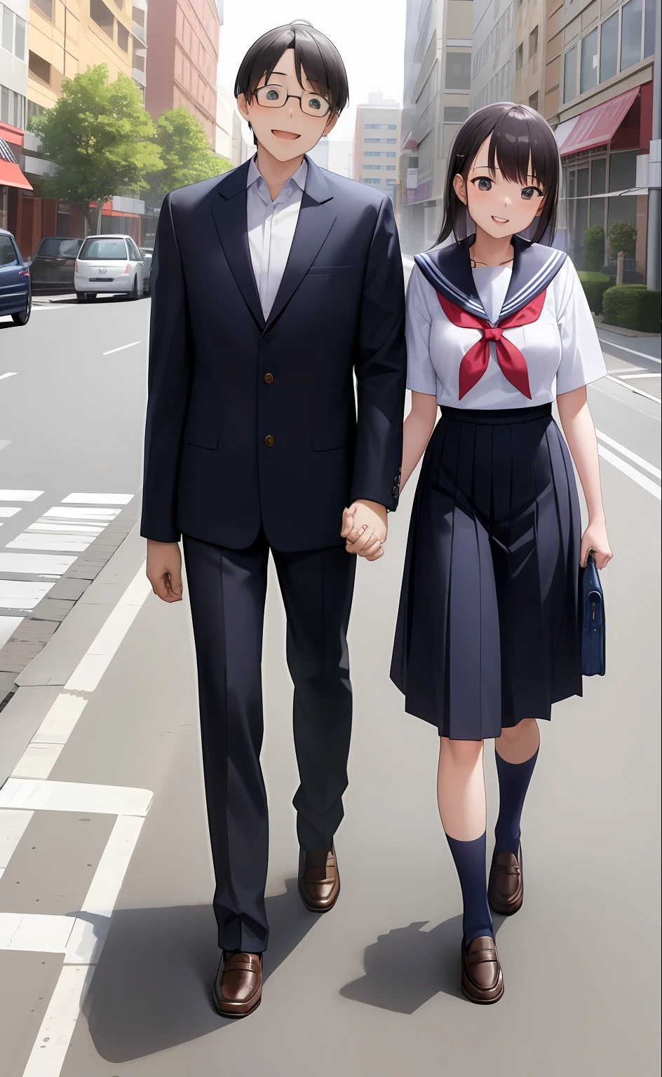 masterpiece, best quality, 2others, couple, 1man with 1woman, Height difference, happy, love, smile, school uniform, man wear suit uniform, woman wear sailor uniform, street background, walking together