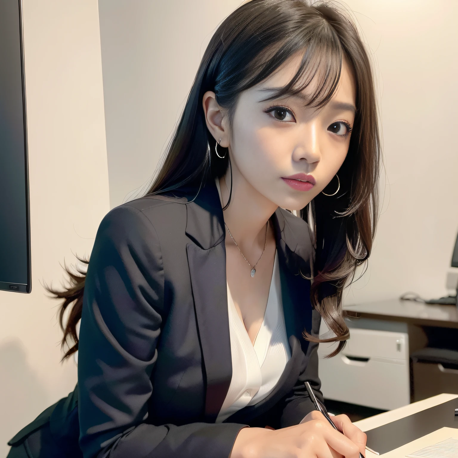 1girll，(Numerical portrait：Sun Ye-jin，Han Jiaren），黑The eye，Beautiful face，（Leptoskeleton face+s delicate face），hyperdetailed face，（Delicate Japanese makeup）， ssmile，looks into camera，（鎖骨：1.2），（mediuml breasts：1.21），（Natural breasts，Bumps），Long hair micro-curls，（Messy and layered， By bangs），Delicate stud earrings，Bust photo，（Royal sister，Raised sexy），Suit suit，White shirt，V-neck，（Slim figure），（（Hasselblad photograp）），office desk，workplace，secretary，Realistic photography， photon maping， physically-based renderingt，profesional lighting，exquisite detailing，8k wallpaper
