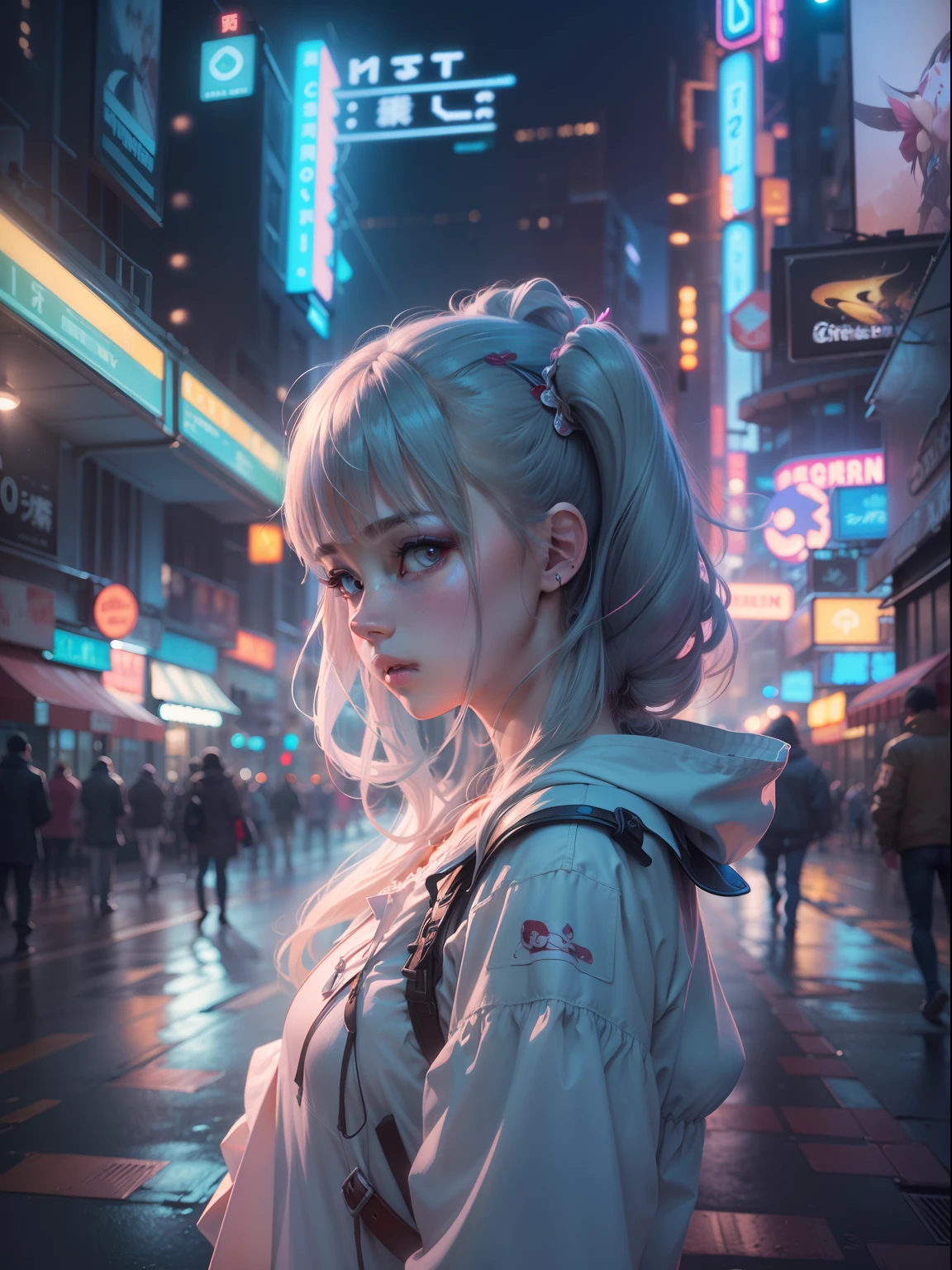 (((​masterpiece)))、(((top-quality)))、((ultra-definition))、(High Definition CG Illustration)、((extremely delicate and beautiful))、City of the Future、Cinematic Light、独奏、full body Esbian、Beautiful Neon Lights、2080s、animesque、Beautiful girl、Twin Tail Girl、trending on artstationh、Rachel Walker、