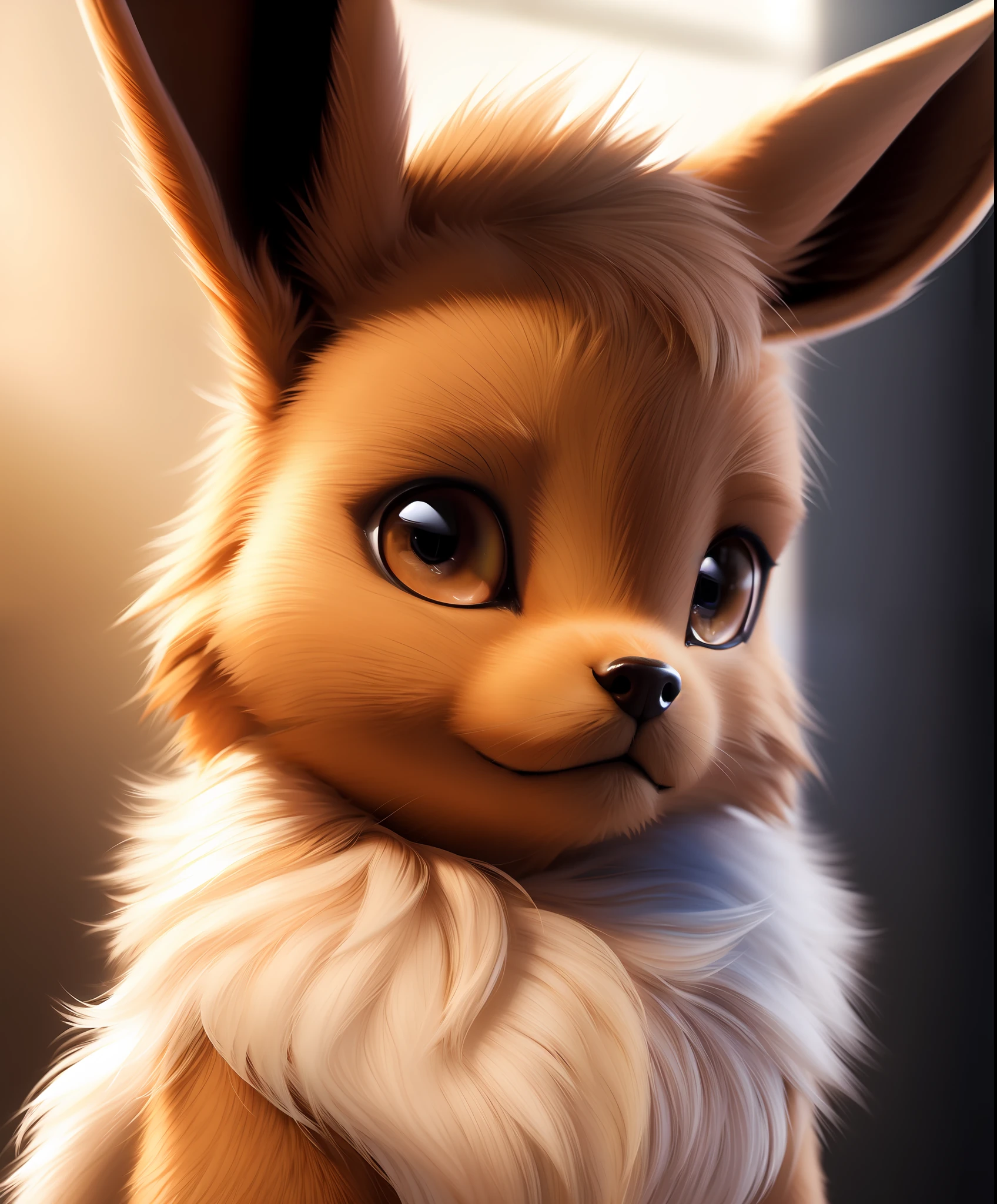 realistic, hyper real, photography, highly detailed fur, fluffy fur, fur detail, 1girl, (Eevee ) , realism, ray traced, global illumination, subsurface scattering, perfect lighting, bedroom background, looking at viewer,
