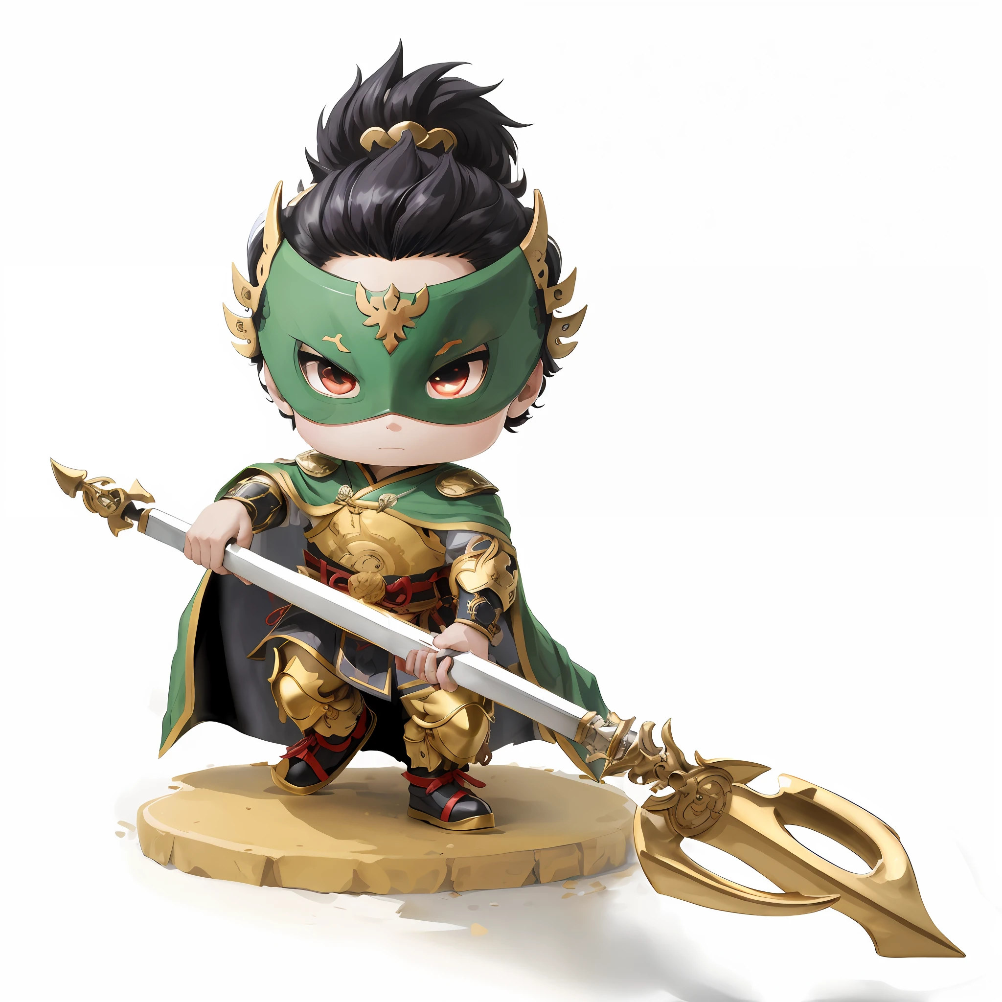 Male with a spear,Chibi anime characters,Chinese style,Chinese costumes,Chinese shoes,Refinement,Cloak,Chinese pattern,Silver armor,Horse steps,high definition detail,infinite details,tmasterpiece,HighestQuali,8K combat stance, confident heroic pose, mid view
