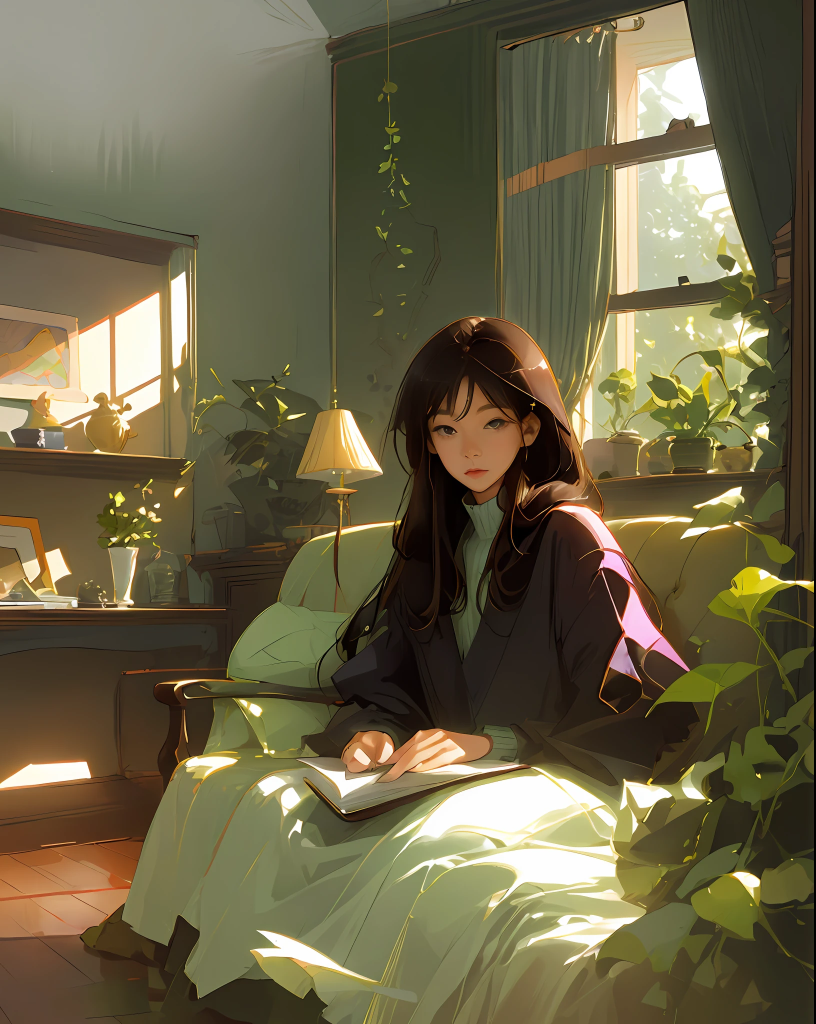 tsuruta ichiro, livingroom, sofa, window, drapes, Dappled sunlight, potted plant, The table, cupboard, bookshelf, paper, Table lamp, typewriter, ,1 girl, Long hair, Brown hair, Perfect body, Dynamic Angle, Reading a book