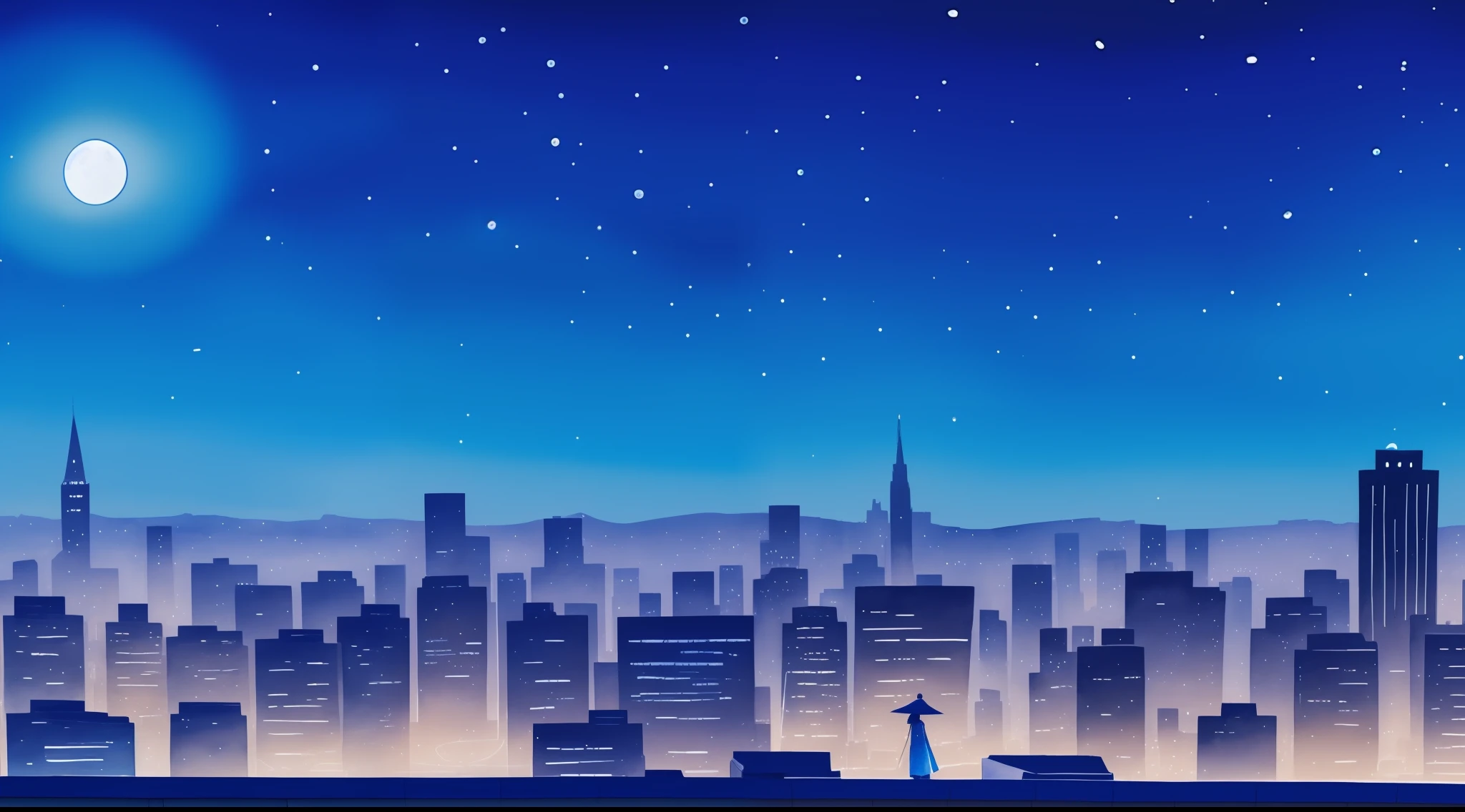 One woman looking at city at night illuminated by fantastic cobalt blue neon lights from the roof of a building, moon, watercolor painting