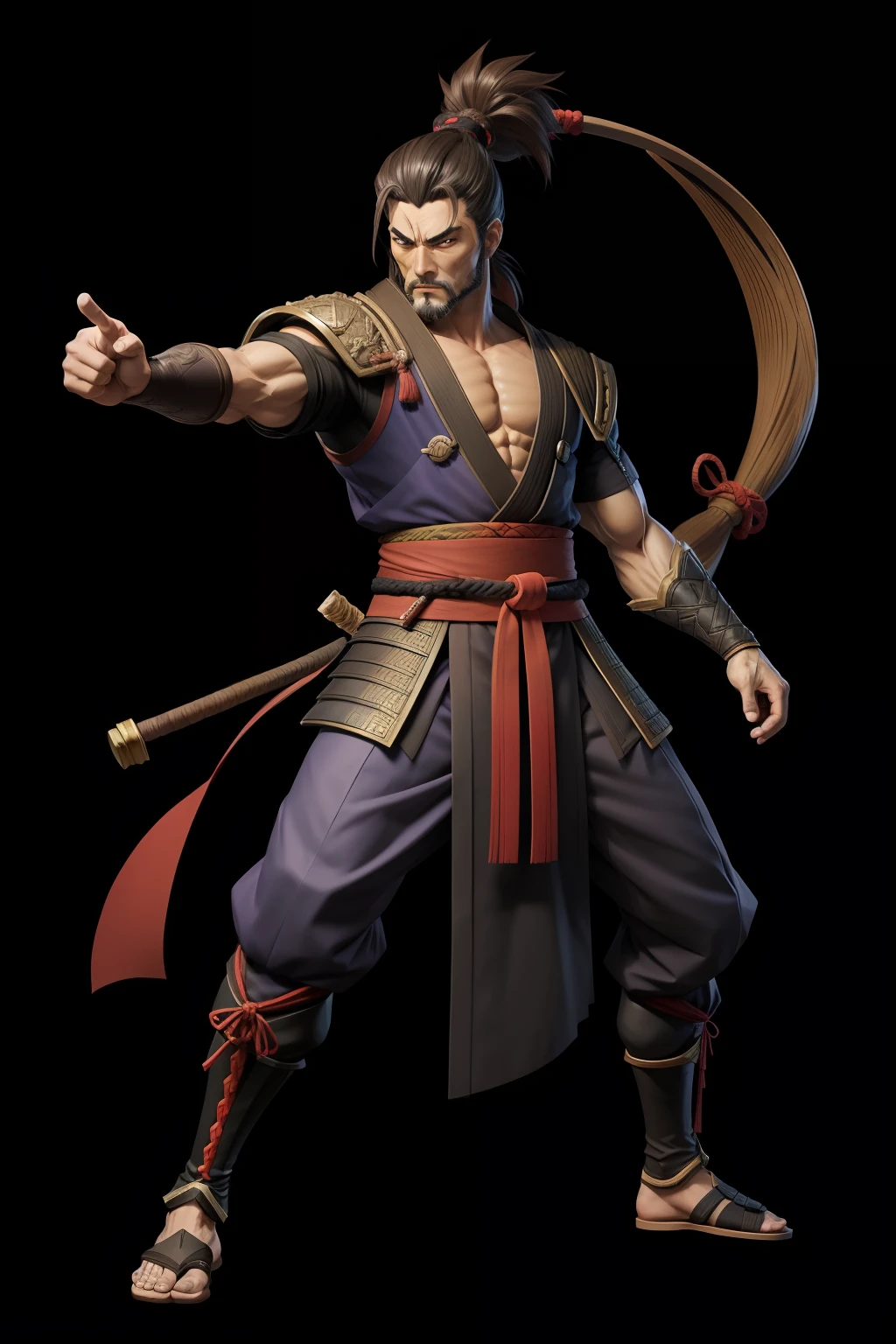 Character from the 2D hero game , Homem de cabelos pretos ,Samurai Ronin baseado em musashi miyamoto de vagabond , sombra , t pose , anime , pose lateral