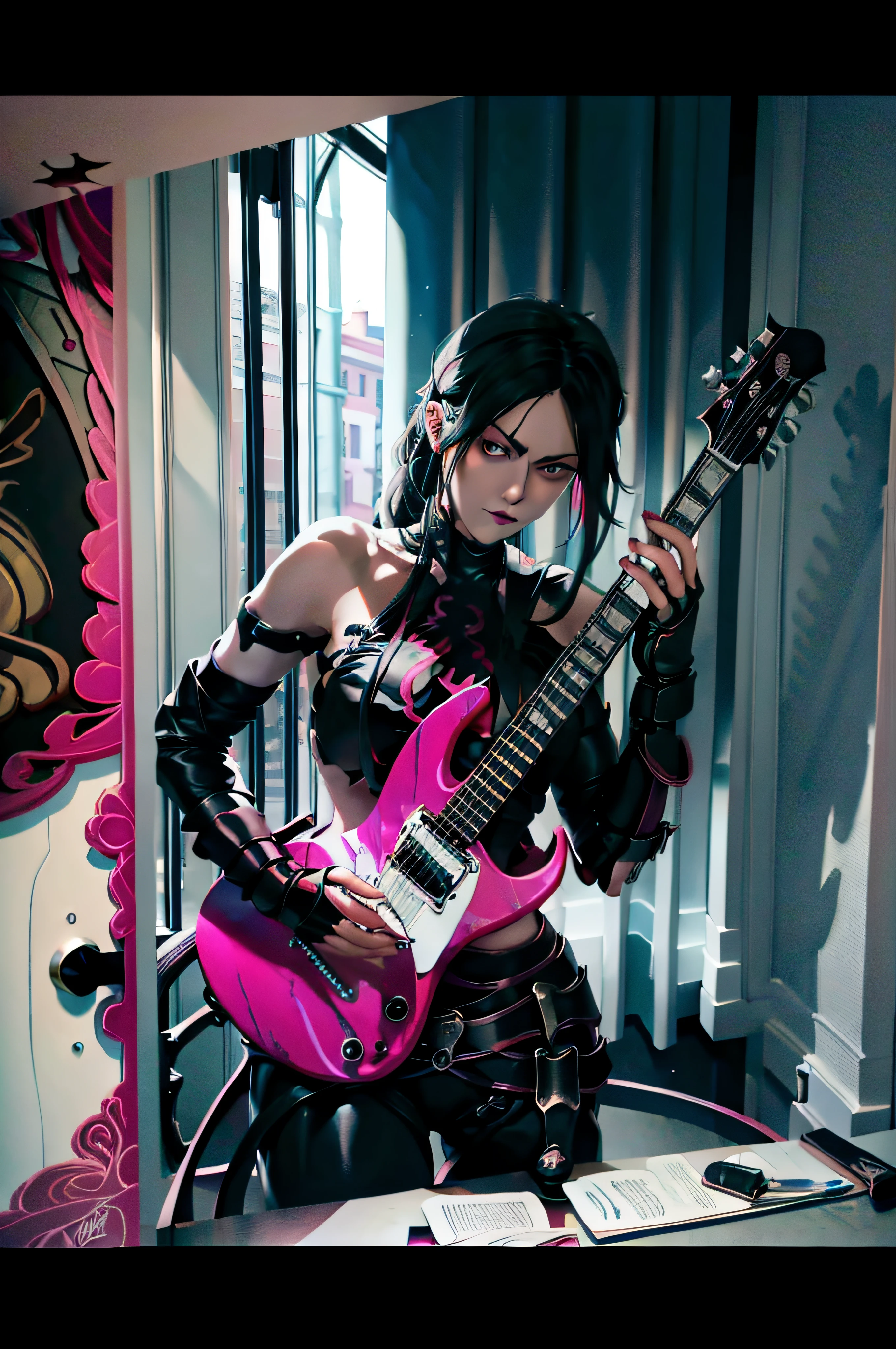 A beautiful bloody style atomic rose painting & Black-metal Guitar War por Aaron Horkey, tendencias en Artstation,Vladislav Urazov, Founder of Gradient app, hyper realistic, highly detaild