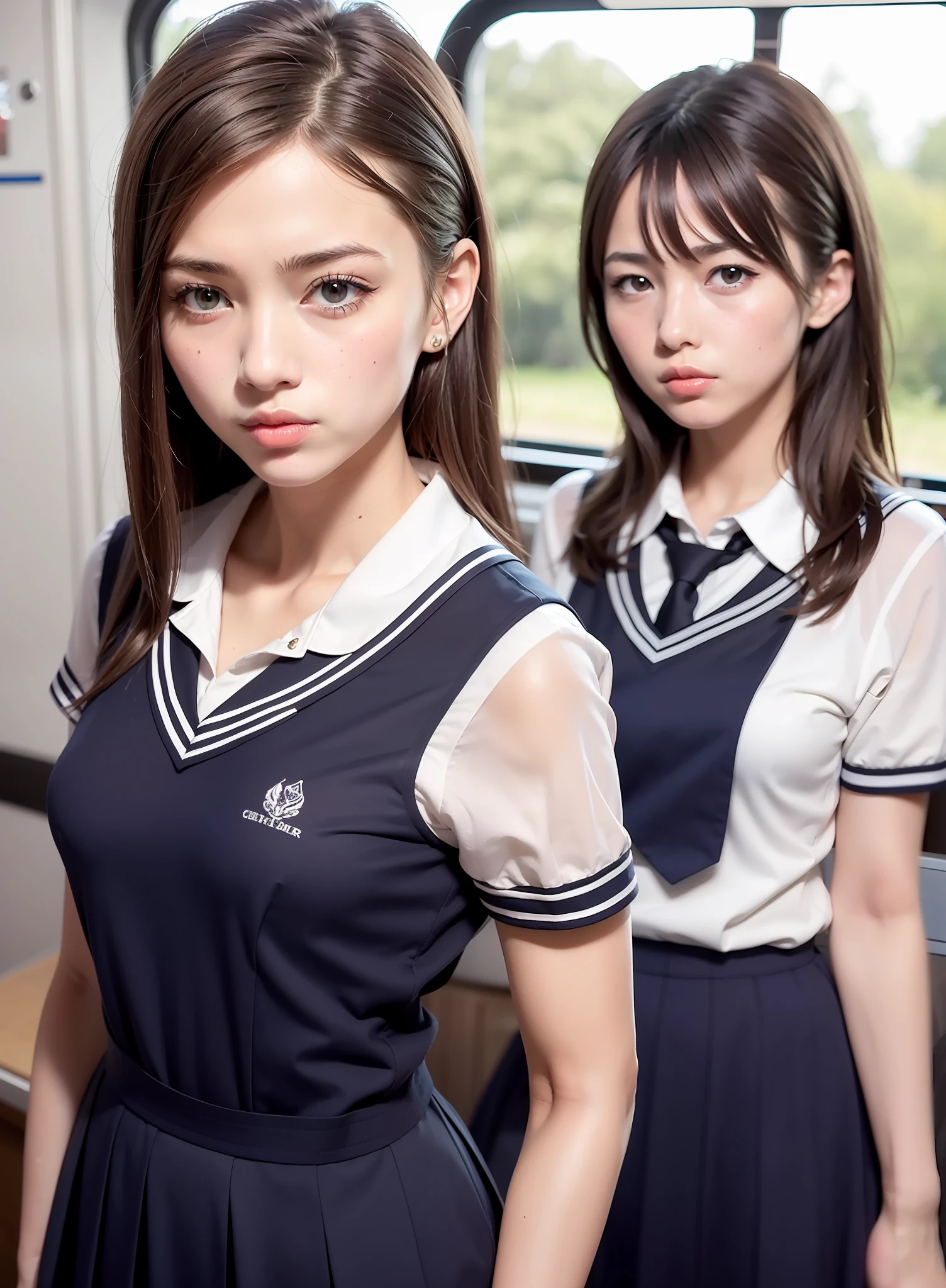 1 girls, sailor uniform, serafuku, blue neckerchief, school uniform, white dress shirts, short sleeve, slender, thin waist, full body, realistic, 50mm portrait, high resolution, 8k, RAW photos, high-detail RAW color photo, dynamic light, ultra detailed, detailed face, facial features details, beautiful details Eyes, very detailed eyes, very detailed skin, real skin, firm skin, on the train