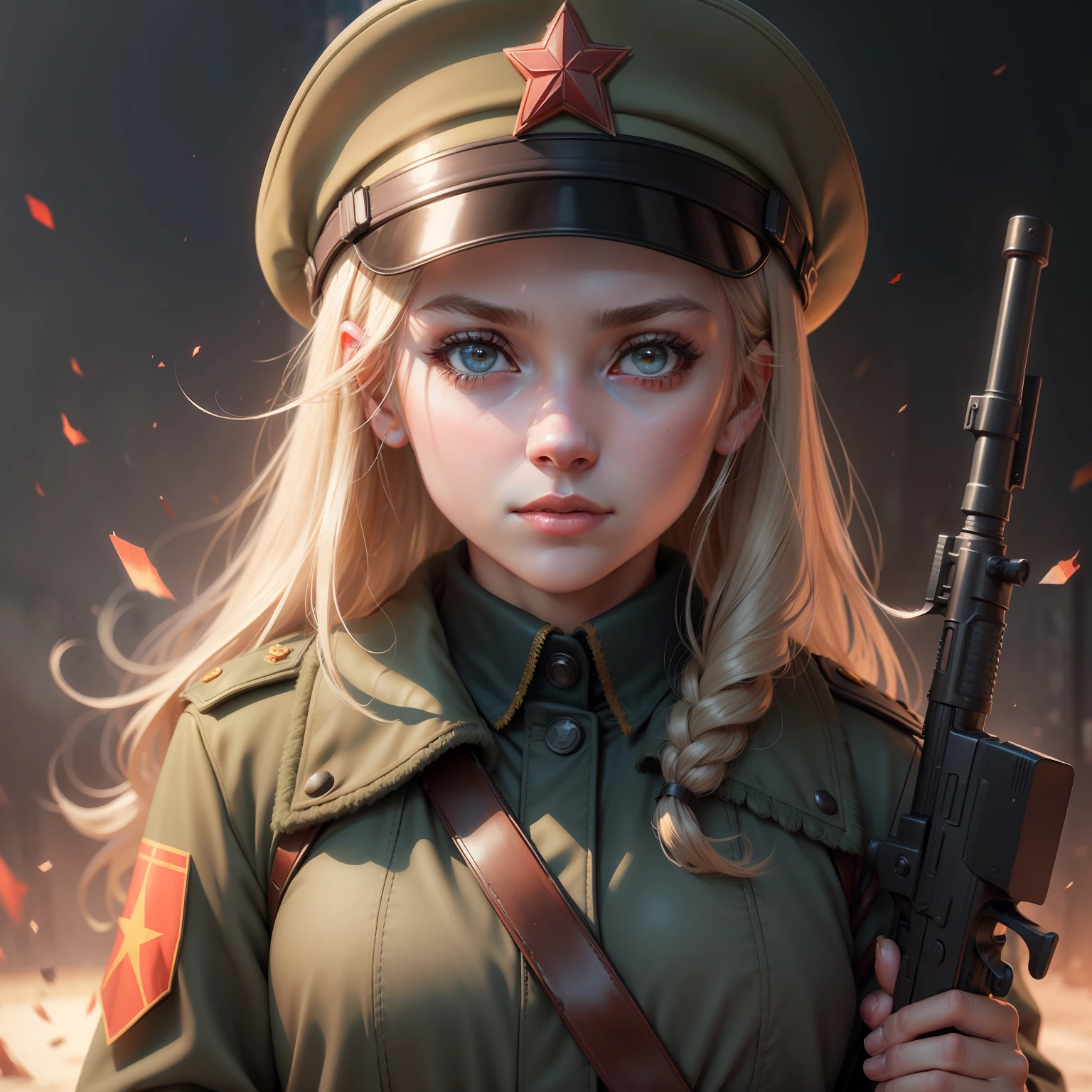 girl, face, 8k, realistic shadow, dynamic light, face, soviet, SOVIET UNION, USSR, hyper detailed, super detailed, high quality, crystalline eyes, High realism, detailed shadows, detailed light, soviet hat, soviet equipment, clothing of the 1940s, soviet red star, soviet culture, gun, holding a gun