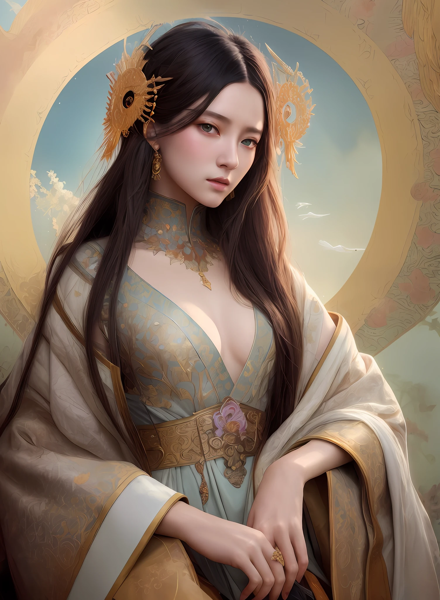 High quality, masterpiece, masterpiece, exquisite facial features, exquisite hair, exquisite eyes, exquisite colored hair, 4K quality, gorgeous light and shadow, Tyndall effect, halo, messy hair, young state, gorgeous scenes, fine clothes, chains, feathers,ancient chinese beauties with big eyes highly detailed, digital painting, artstation, concept art, sharp focus, illustration, art by greg rutkowski and alphonse mucha and victo ngai