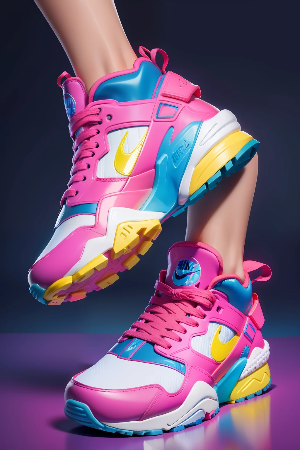 Nike Air Trainer colorido sphash Baixo, Nike Alpha Huarache 7 Elite, (roxo e branco ), com linhas elegantes cres neon e um poderoso, Vista lateral acima, right angled view, Foto completa do produto, Miko, colorido no fundo sphash, vistas laterais frontais completas, com um fundo colorido sphash, !!Beautiful!!, running shoes, imagem de listagem, Frente cheia, mid view, colorido cores neon, obra-prima Picasso, relismo intrincado
