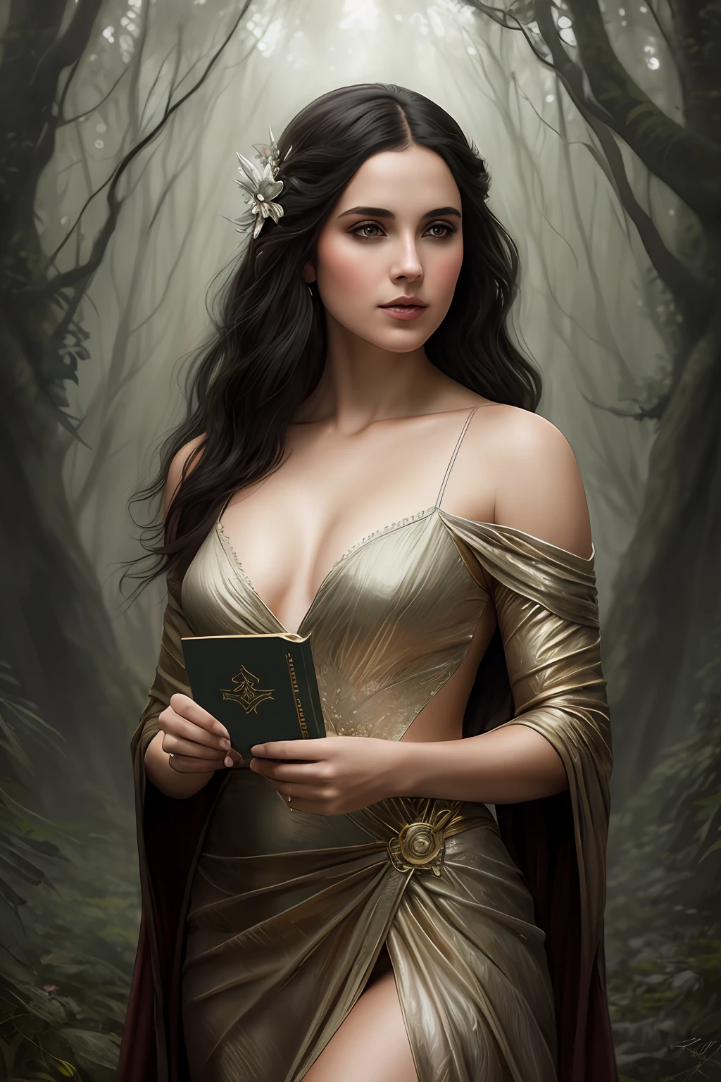 Foto RAW, uma foto retrat floresta, pele natural, 8k UHD, alta qualidade, filmic grain, Fujifilm XT3o de 55 y.o 8k,realista,mulher de vestido preto elegante e sexy segurando um livro na frente de uma janela,peitos grandes com degoe, art cover illustration, realistic fantasy illustration, No estilo de arte de Bowater, feiticeira bonita, Artgerm e Tom Bagshaw, Tom Bagshaw Estilo de Arte, uma bela feiticeira, Beautiful Female Sorceress, digital fantasy illustration, Arte Estilo Tom Bagshaw