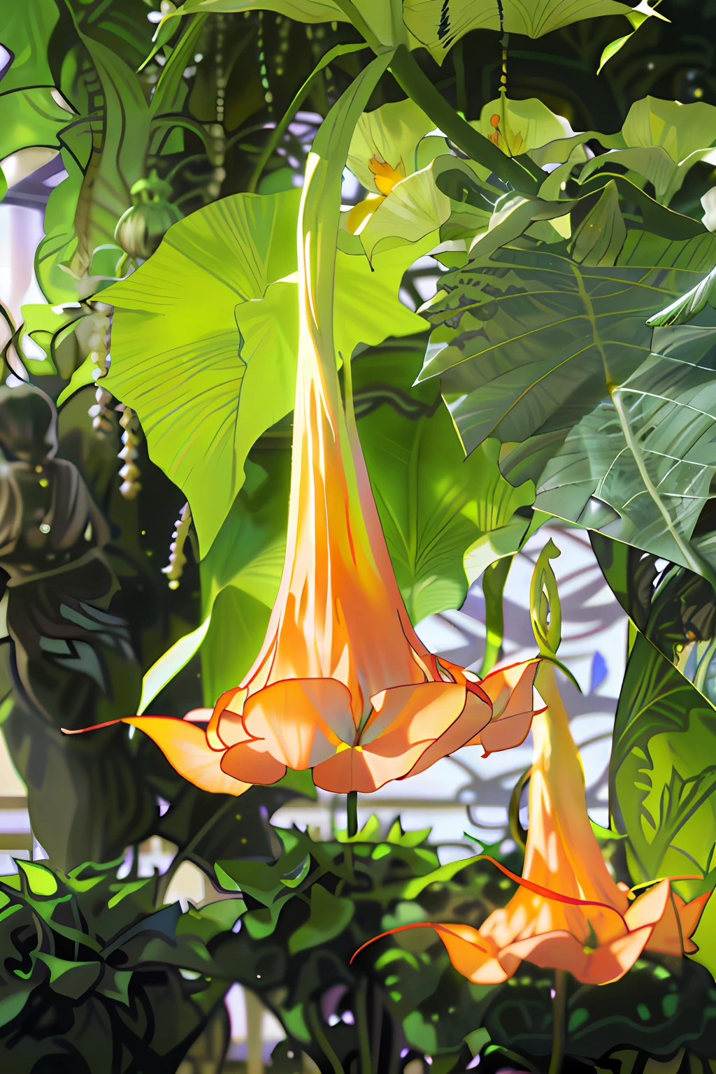 datura, flowering vines, lush gardens hanging, flower, botanical photo, Orange flowers, flowers with very long petals, The beauty is stunning, Covered with flame porcelain vine, giant flowers, large exotic flowers, tropical flower plants, gourds, huge flame fantasy plant,Movie lighting,More refined details