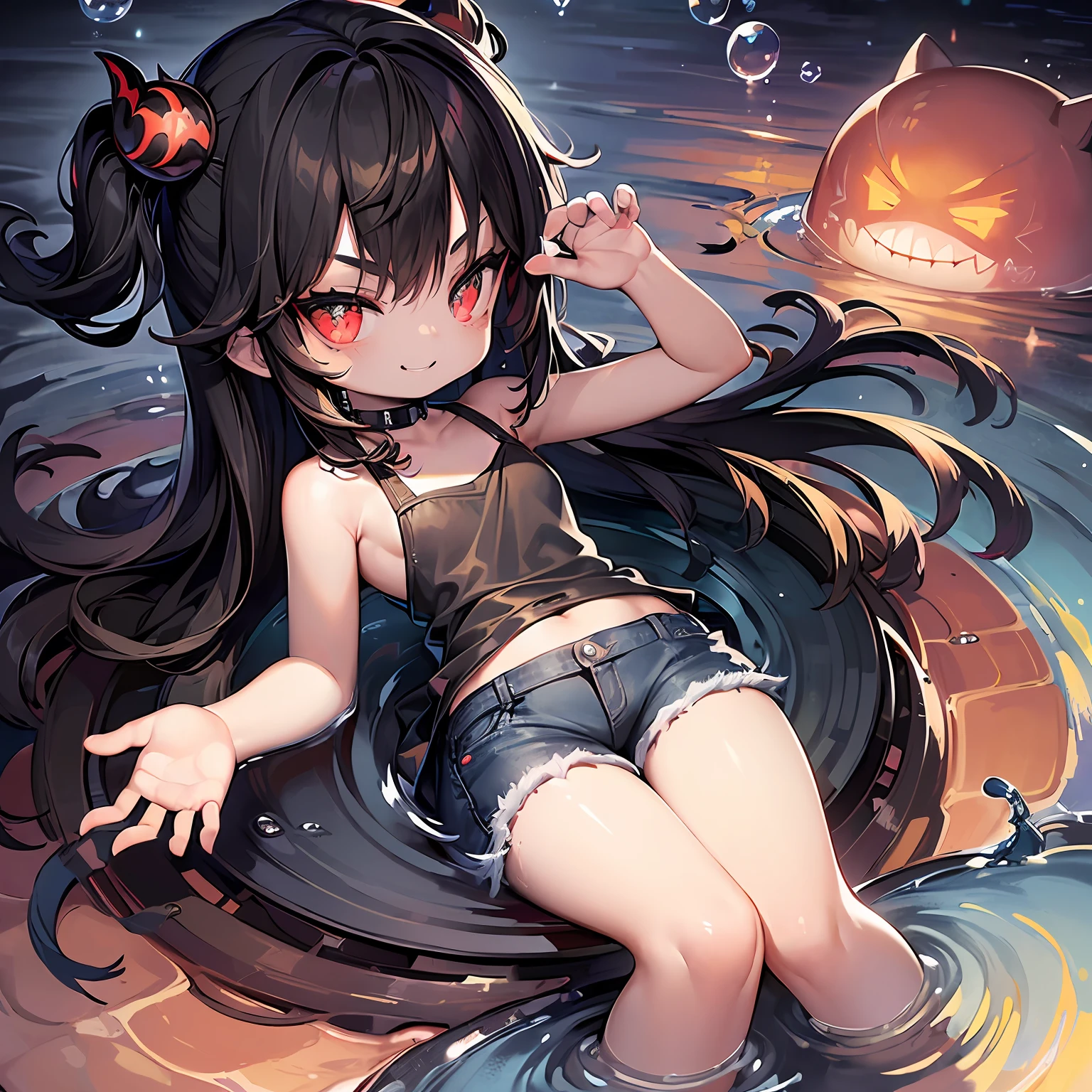 ((​masterpiece、top-quality))、(Complex lighting)、morning、suns、sea bathing、(((Lots of glowing bubbles flutter、Splash paint)))、Small Devil、独奏、full body Esbian、1girl in、red eyes、Long Black Hair、tanktop shirt、Jeans shorts、absurderes, Grayscale BreakGuess Gaze、(evil smile:1.4)、looking at the viewers、sharpteeth、(Crazy red eyes with small pupils:1.2)、yandere、Chibi、