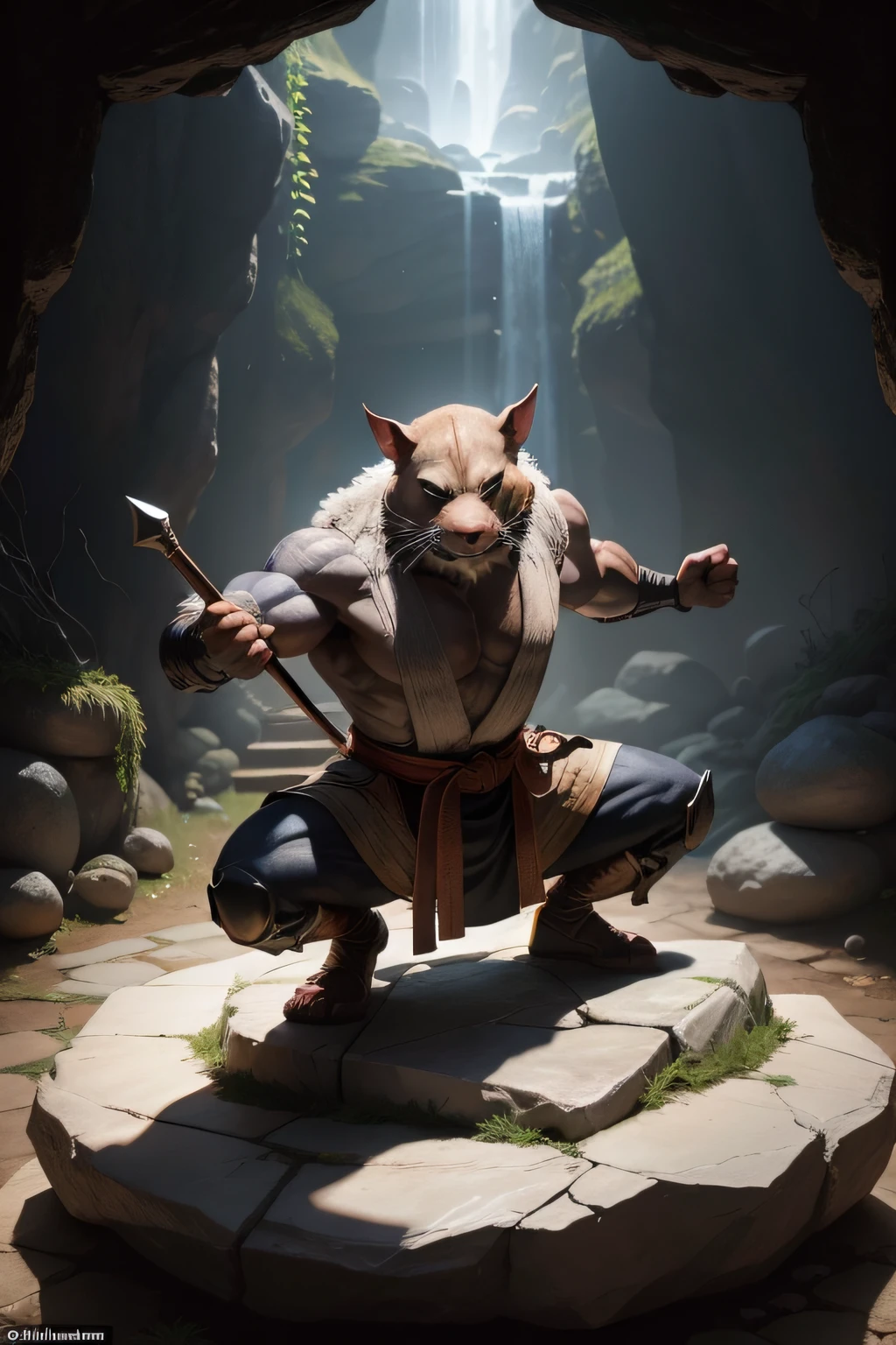 Master Splinter teaching the secrets of martial arts in an ancient underground cave, iluminada apenas por tochas, revealing his wise and enigmatic figure, Escultura, carved in white marble, com detalhes intrincados, --ar 9:16 --v 5