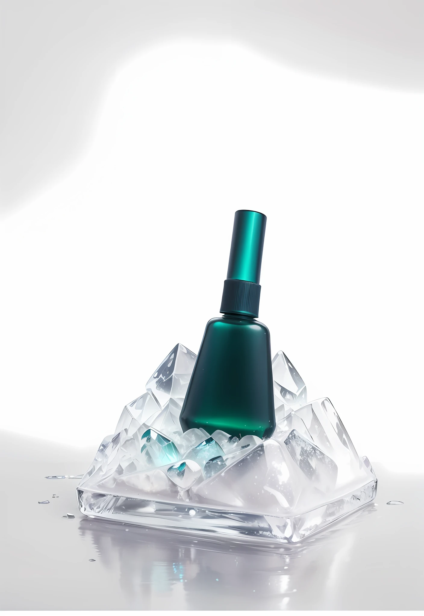 Product posters,A piece of ice,There is a bottle of green nail polish on it,Ice cubes that melt into water,Square bottle,(Matte glass:2),High detail,Telephoto lens,True relationship between light and shadow, 32K, Product Shadow,photorealestic,realisticlying,Ray traching,lightand shade contrast,inverted image。