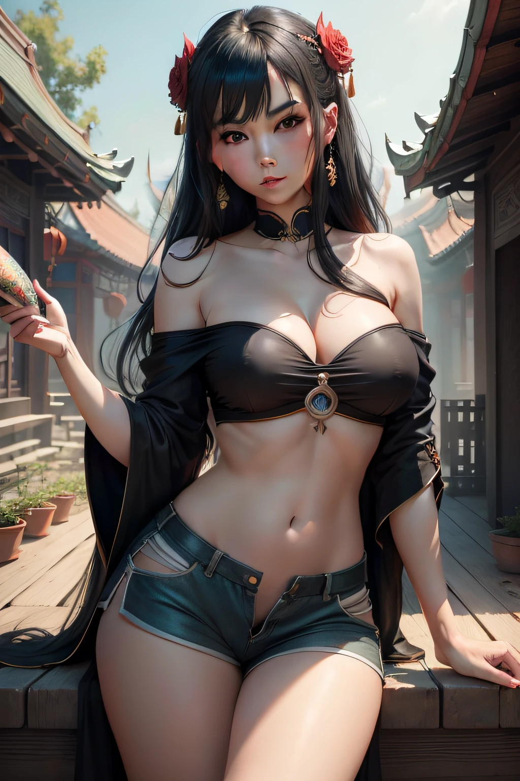 masterpiece, best quality, 1girl, aqua eyes, black hair, closed mouth, multicolored background, looking at viewer, outdoors, solo, upper body, alluring, clean, beautiful face, pure face, pale skin, sexy pose,((tube top, off shoulder, navel, shorts)), long hair, ((perfect female figure)), mature female, milf, narrow waist, chinese deity, seductive, highly detailed,best quality, masterpiece, highres, original, extremely detailed 8K wallpaper,masterpiece, best quality, illustration, beautifully detailed eyes, cinematic lighting,