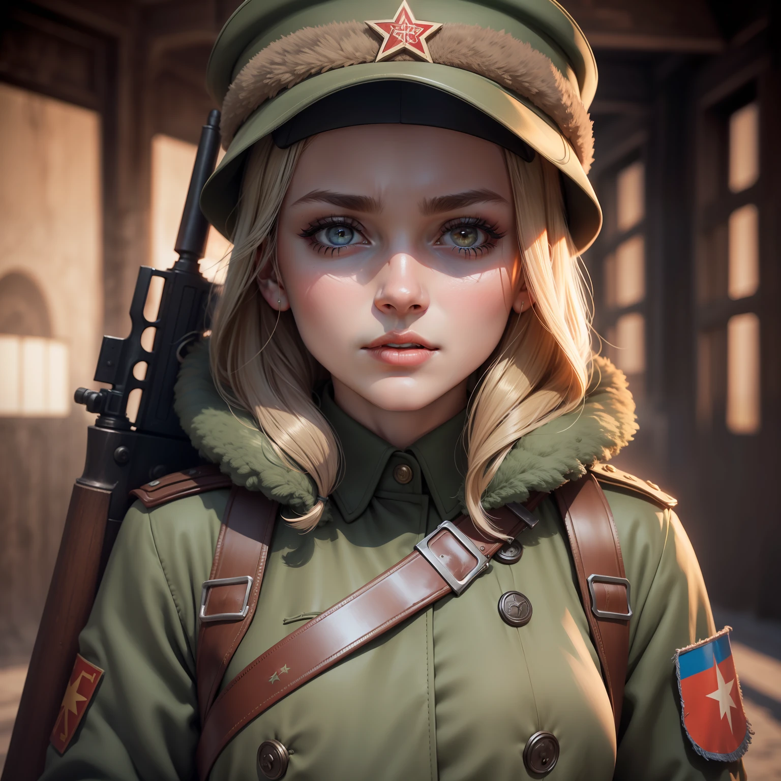 girl, face, 8k, realistic shadow, dynamic light, face, soviet, SOVIET UNION, USSR, hyper detailed, super detailed, high quality, crystalline eyes, High realism, detailed shadows, detailed light, soviet hat, soviet equipment, clothing of the 1940s, soviet red star, soviet culture, weapon, holding a gun, war, wartime atmosphere