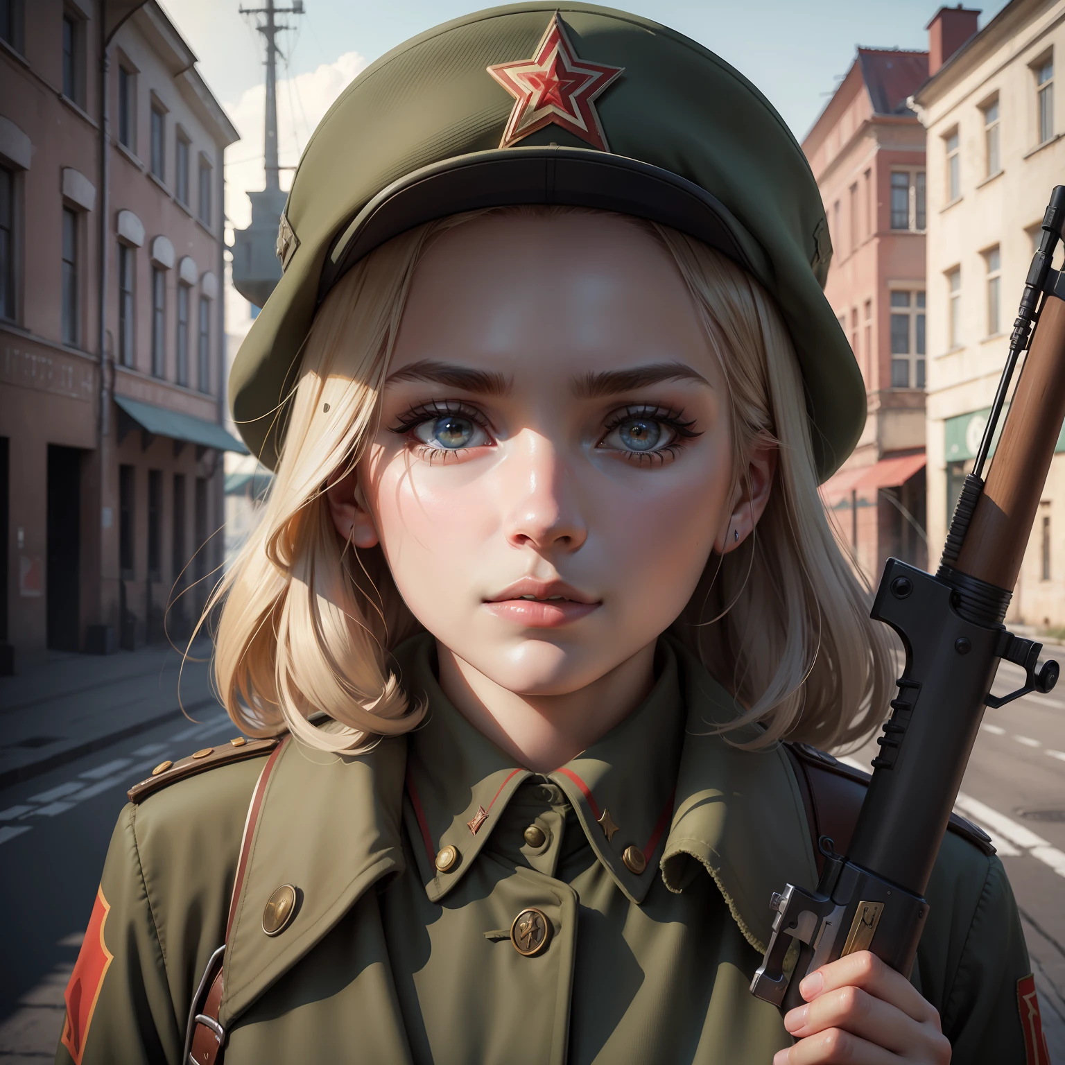 girl, face, 8k, realistic shadow, dynamic light, face, soviet, SOVIET UNION, USSR, hyper detailed, super detailed, high quality, crystalline eyes, High realism, detailed shadows, detailed light, soviet hat, soviet equipment, clothing of the 1940s, soviet red star, soviet culture, weapon, holding a gun, war, wartime atmosphere