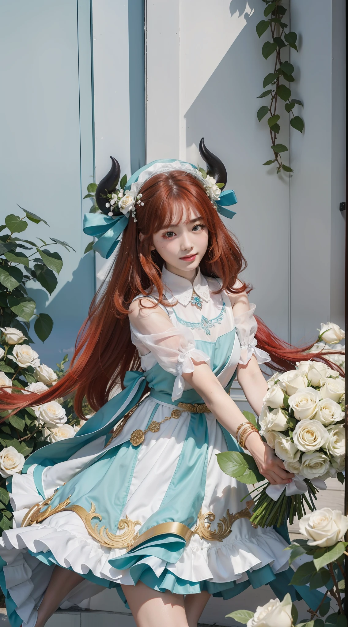 Best quality at best,超高分辨率,(真实感:1.4),(beuaty girl:1.4),Detailed facial details,Beautiful detailed eyes,light-red hair,Light green eyes,Slim,Black horns,Wearing a white and blue wedding dress,White maid hat,haunting smile,Behind it is a cluster of white roses,Very meticulous clothes,Young and cute Korean face,nilou(Genshin Impact),plain face