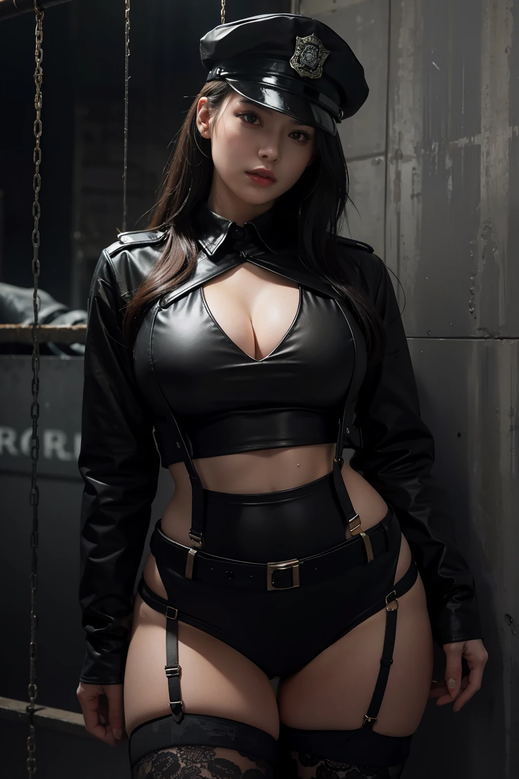 Highest image quality,Outstanding details,超高分辨率,one-girl,Female prison guard,Dark series,Dark style,Dark,mechs,She wears a sexy police uniform,Suspenders,Lace,In prison,She was in a cage,Robust body,Sexy and robust,Detailed abs,Detailed muscle lines,dynamicposes,Prison cage background,dim murky lights,grimy,soggy, Dirt stains cov,hand gun,Chains,rusted,handcuff,Highly detailed police uniforms,Highly detailed police cap,Police badge,wear police cap,Highly detailed police equipment,Normal body proportions,Normal face,Normal hands,frontage,fully body photo,Look from the bottom up,look from down, looki at viewer