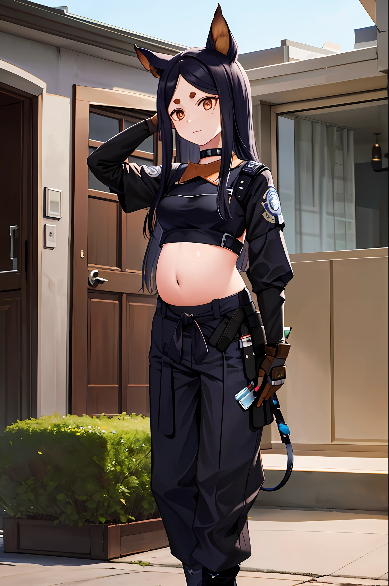 tmasterpiece, Best quality at best, A high resolution, dob1, long whitr hair, Animal ear, crop tops, brown gauntlets, midriff, black shirt, a black choker, Black pantsuit, Thick eyebrows, cowboy lens, standing on your feet, exteriors,pregnant belly,Pregnant belly
