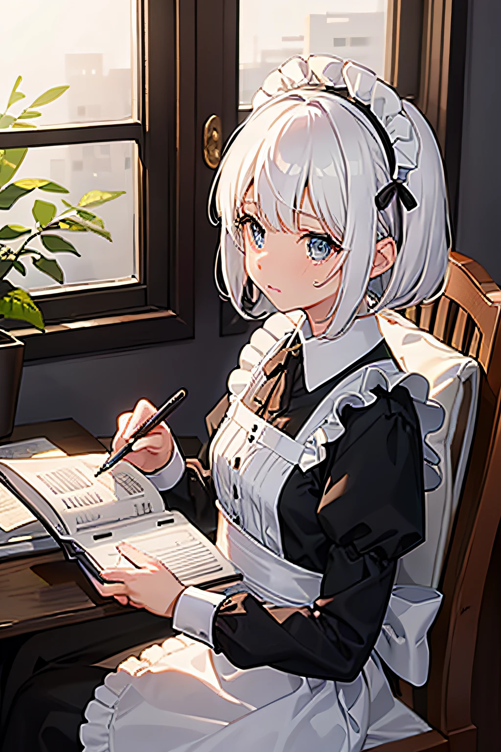 Chica gato,escribiendo en un diario ,en la oscuridad,cabello blanco,chica maid,llorana,triste