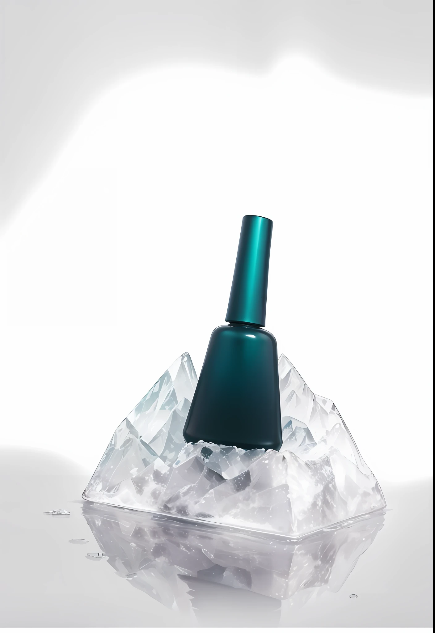 Product posters,A piece of ice,There is a bottle of green nail polish on it,There is water next to the ice,Square bottle,(Matte glass:2),High detail,Telephoto lens,True relationship between light and shadow, 32K, Product Shadow,photorealestic,realisticlying,Ray traching,lightand shade contrast,inverted image。