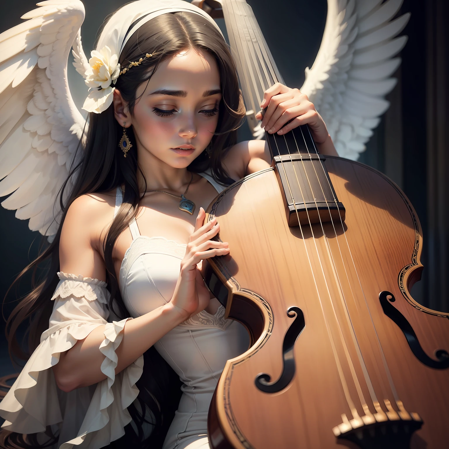 Anjo mulher, tocando instrumento musical ARPA nos seus. Bem vestida mas sem mostrar seu corpo. Ultrarealista.