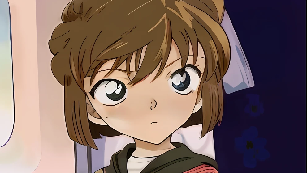 Anime girl with brown hair and blue eyes looking out the window, chihiro! fujisaki, anime girl named lucy, as an anime character, sakura from cardcaptor sakura, aya takano, rei hiroe, short brown hair and large eyes, aya takano color style, female anime character, close up of a young anime girl