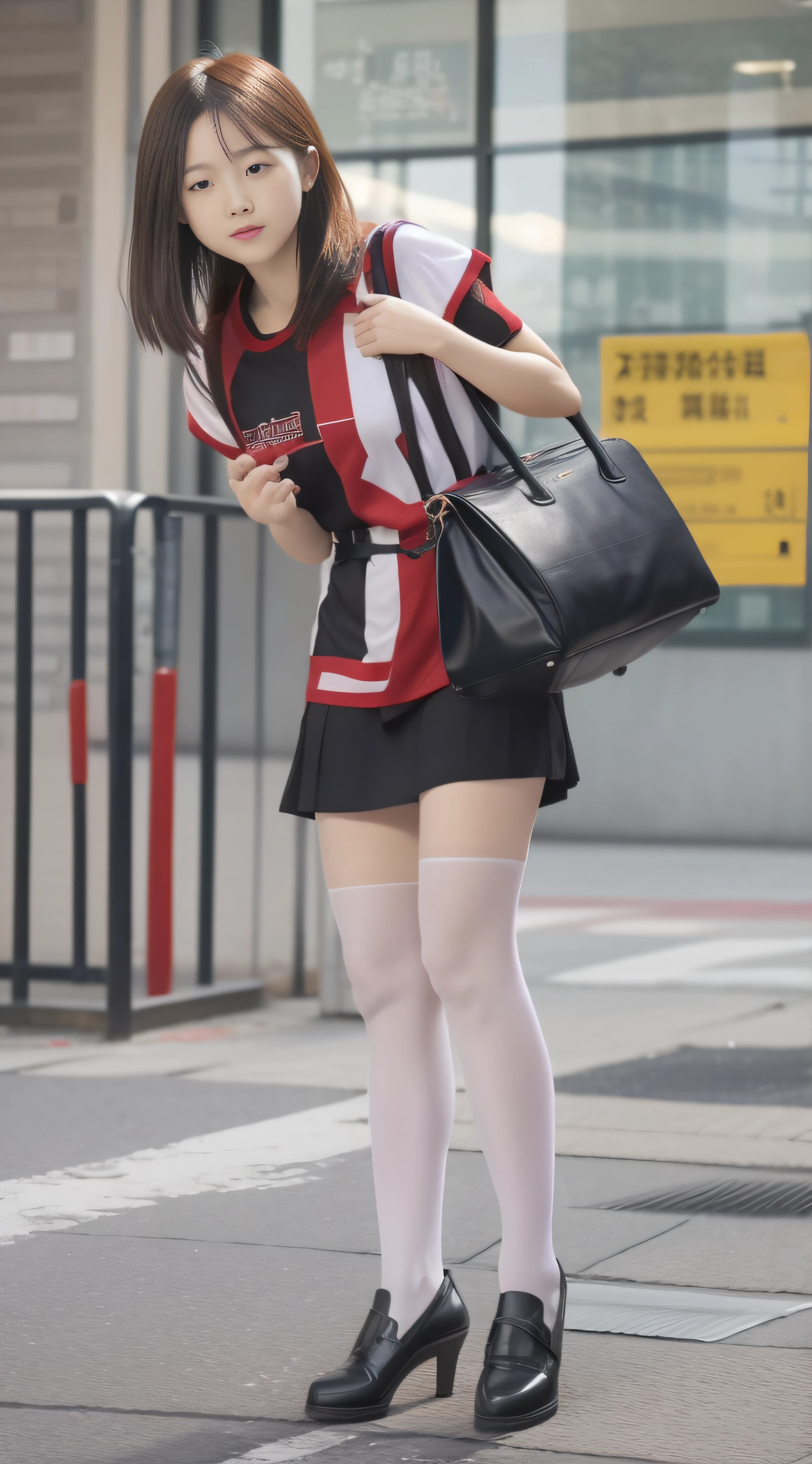 (Full body shot :2),(Full Focus:1.3),girlfriend, Colorful short-sleeved student uniforms,High-heeled leather shoes, long leges, The character wears polished metal clothing,Must show your face, Must have stockings, Stocking tights, hyper HD, Ray traching, structurally correct, anatomy correct, High detail, Chiaroscuro, Cinematic lighting, Masterpiece, Super detail, High quality, High details, Best quality, 16k, Award-Awarded