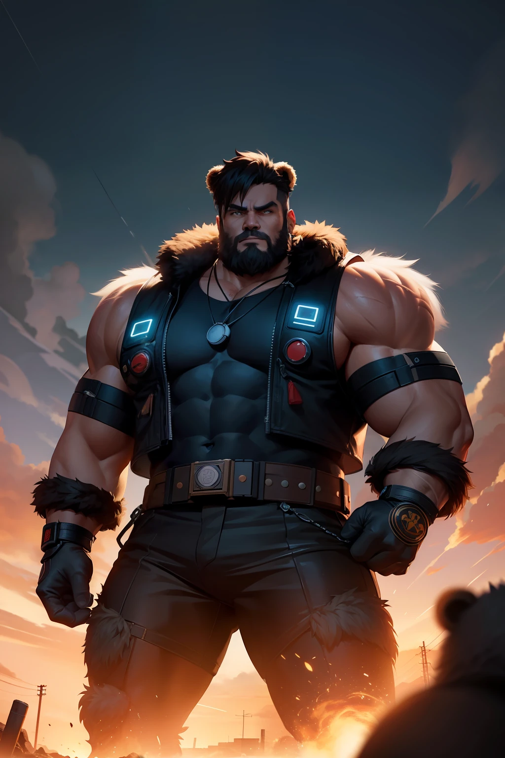 Picture a dystopian future in the year 2500, with a cyberpunk aesthetic. In the center of the frame is Kintaro, a burly Japanese man with a vibrant expression. He's equipped with a massive energy axe and is wearing a combat suit. His head is covered with a bear fur hat, and a bear-shaped pendant around his neck serves as a power booster. His companion is a massive bear, adding a unique element to the scene. The color scheme is a mix of gold and brown. The image should be rendered in a hyper-realistic style, with a high level of detail and a resolution of 16k. The lighting should be low and moody, with neon lights casting long shadows and creating a sense of drama. Use a telephoto lens to emphasize Kintaro and his bear against the backdrop of the desolate landscape. --ar 16:9 --v 5.1 --style raw --q 2 --s 750