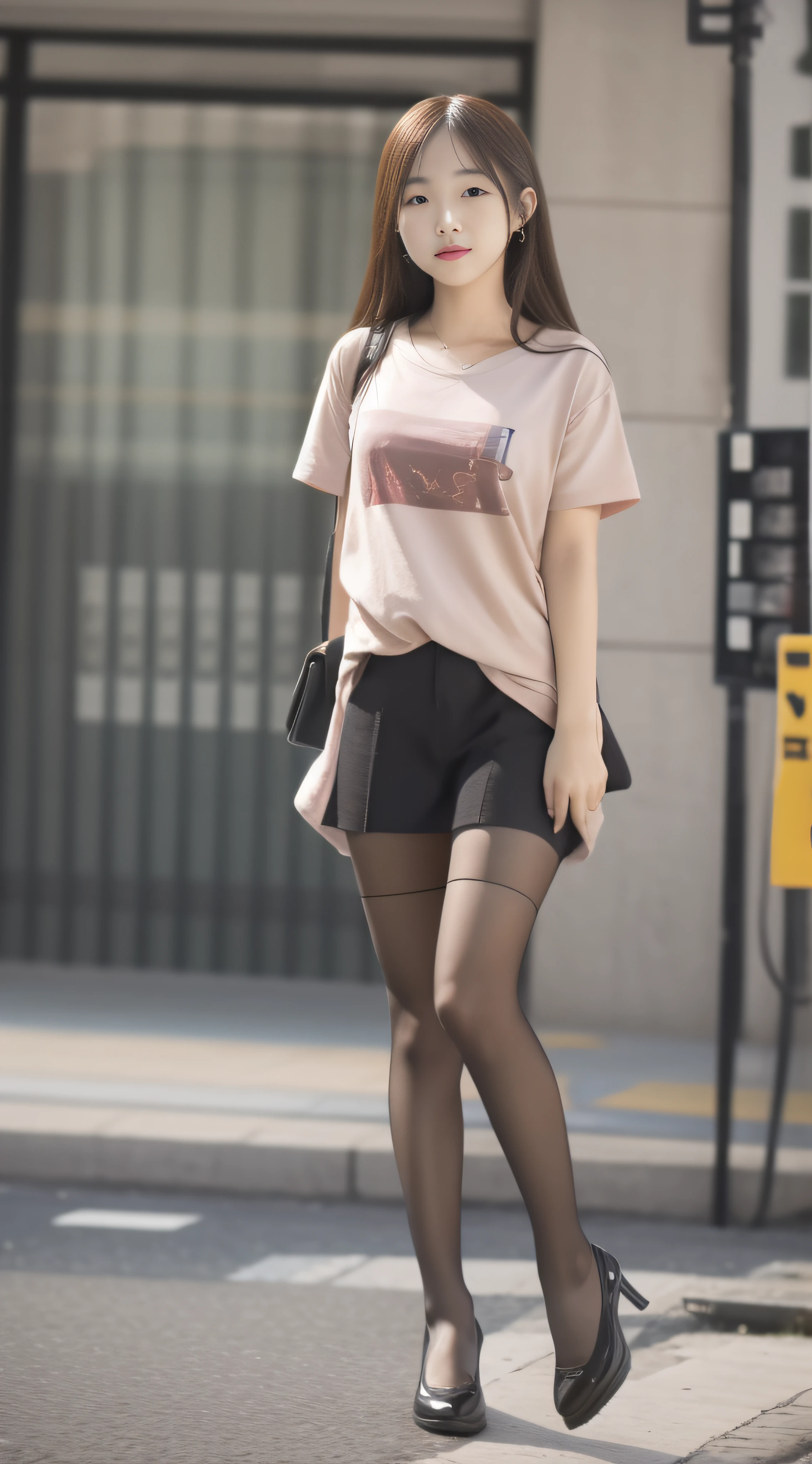 (Full body shot ：2)，（Full Focus：1.3），girlfriend, Colorful short-sleeved student uniforms，High-heeled leather shoes, long leges, The character wears polished metal clothing，Must show your face, Must have stockings, Stocking tights, hyper HD, Ray traching, structurally correct, anatomy correct, High detail, Chiaroscuro, Cinematic lighting, Masterpiece, Super detail, High quality, High details, Best quality, 16k, Award-Awarded