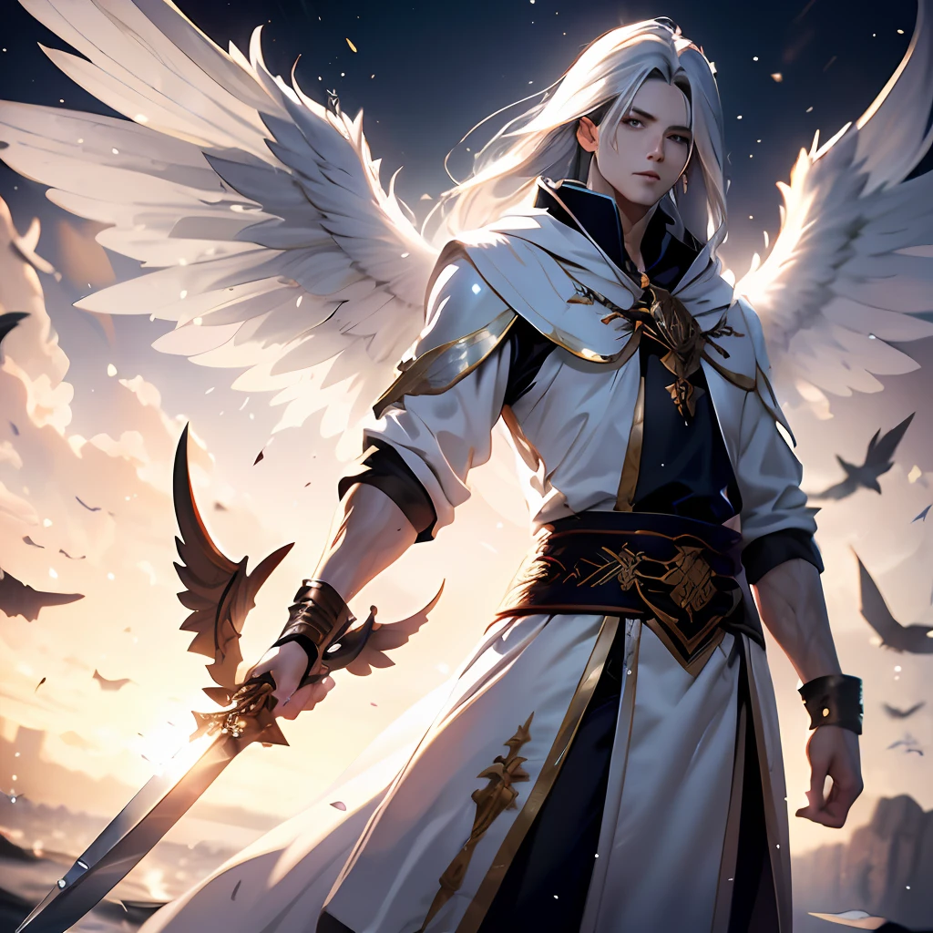 Masterpiece), (Best Quality), (Complex Detail), professional photographer, 4k, HDR, 1man, detailed face, wind god, white robe, angel, long white hair, silver sword, big wings,