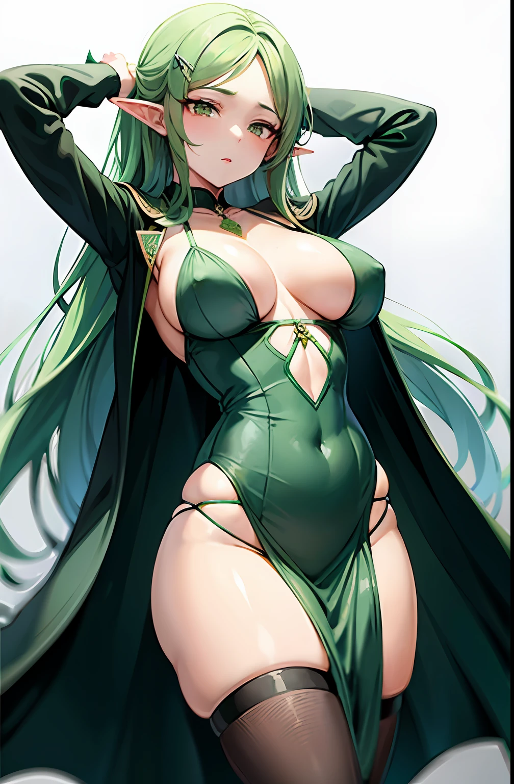 una mujer madura, milf , hermosa, cabello largo liso, cabello de color verde, ojos de color verde esmeralda, piel blanca, rostro detallado, Elf Curvilinear Body,  pechos enormes, caderas anchas y muslos gruesos, orejas largas, vestido chino verde con patrones amarillos, lentes, sin sujetador, sin bragas , ajustado, escote, erotic, fondo simple, fondo desenfocado, pose simple.