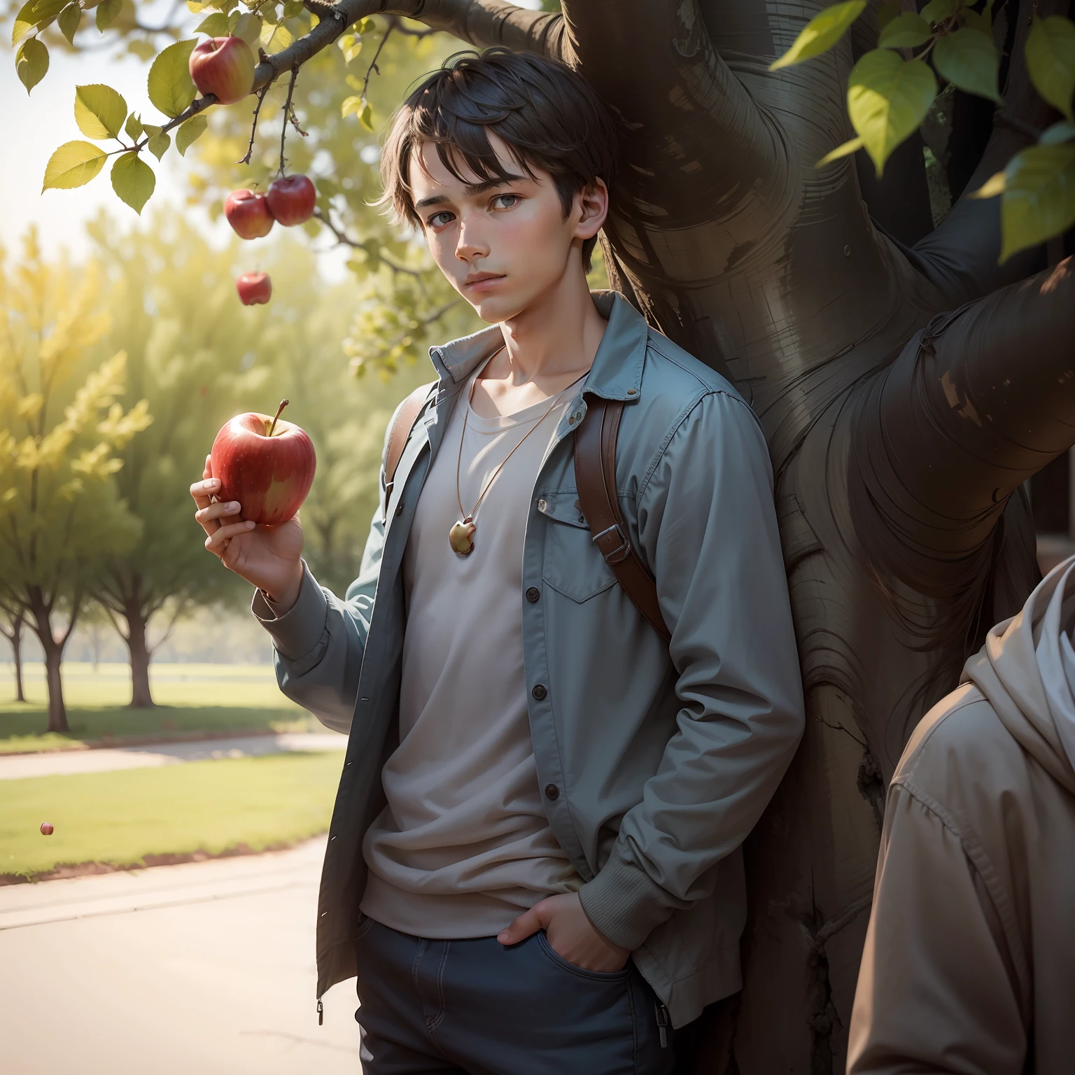 apple tree with a man ager in front seeing her