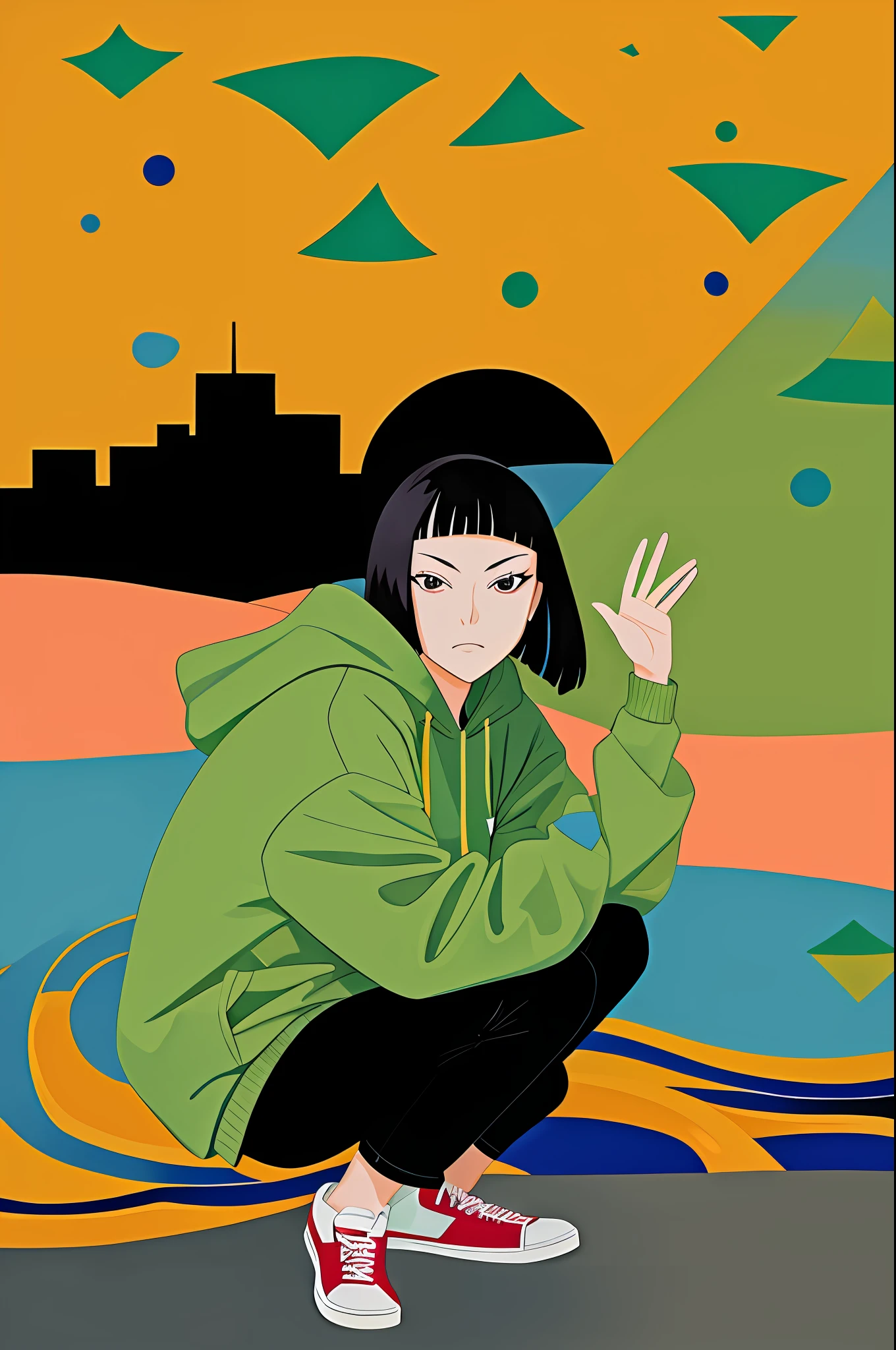 1girl in, Vector art, flat-colors, pop-art, Pattern, city scenery, Hoodie, Shorts, sneakers, bob cuts, Full body, Pose, Squatting, lofi color, (Hyperlophe), (masutepiece,Best Quality:1.5)