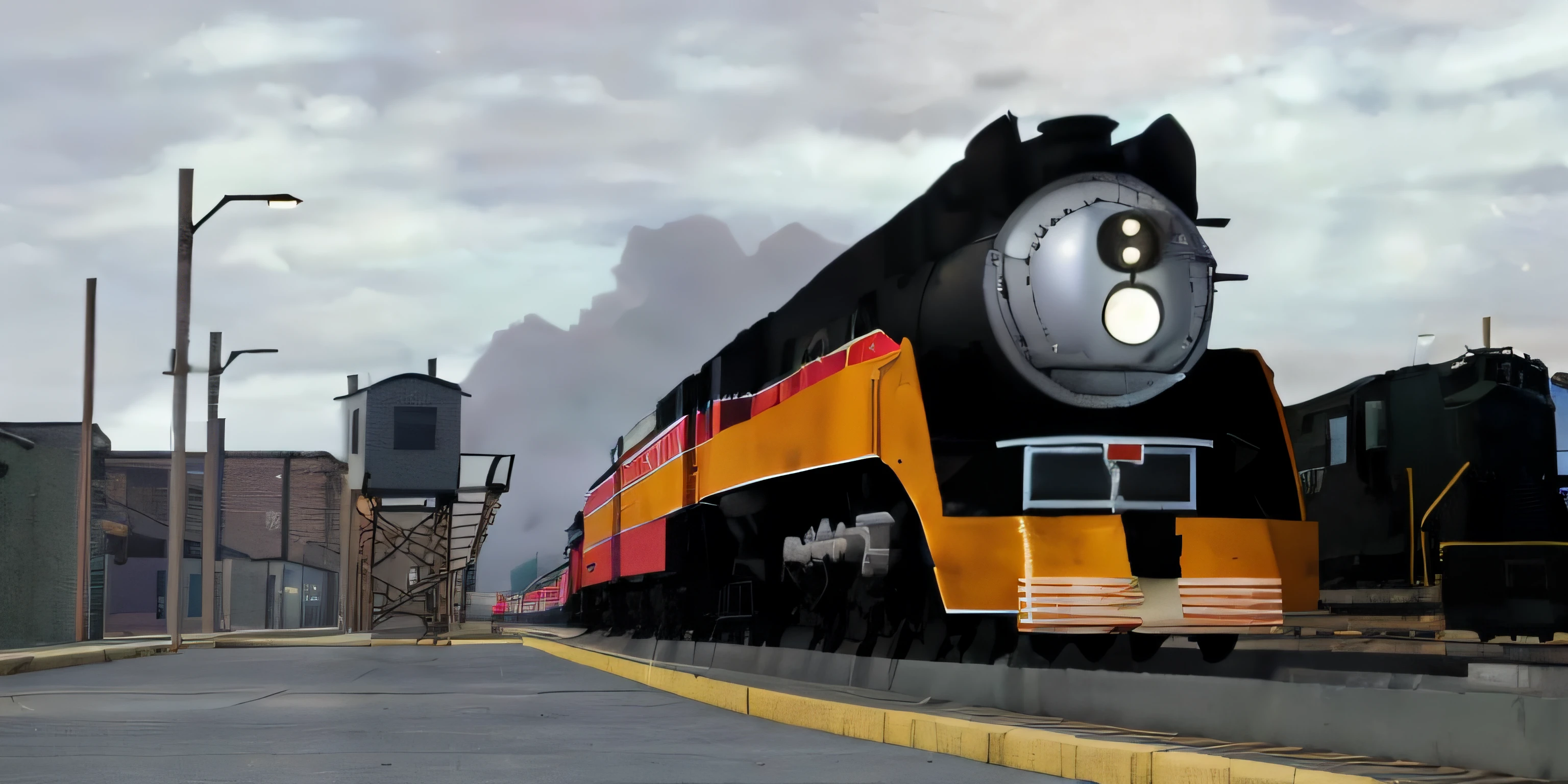 there is a train that is on the tracks in the day, in game graphic, trains in the background, train station background, highly no detailed, real engine 5, smooth streamline, heavy detail, re engine render, trains, beautiful screenshot, streamlined, far - mid shot, realistic engine, rendered in arnold engine, by Wayne England, detailed screenshot, virtual engine 5