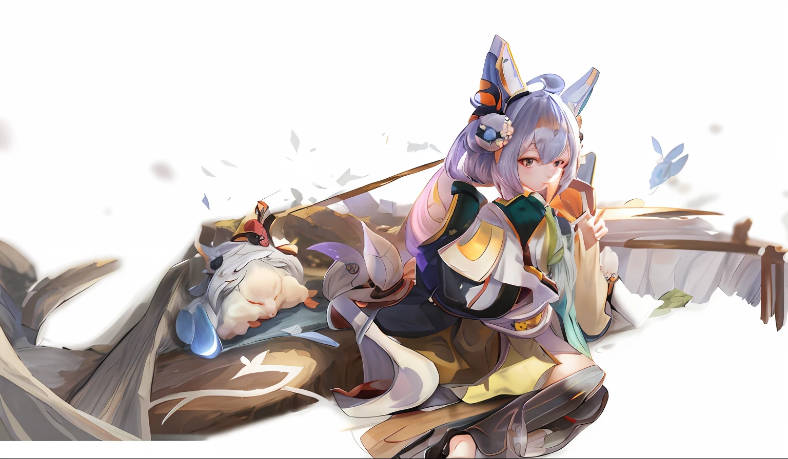 Anime girl sitting on bench with fox ears and sword, author:Shitao, Onmyoji detailed art, ahri, onmyoji, onmyoji portrait, Guviz, White fox girl, by Yang J, Attractive cat girl, WLOP and Sakimichan, Very beautiful anime cat girl, By Leng Mei