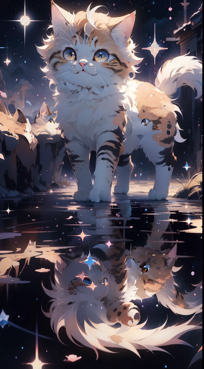 Anime art wallpaper，background starry sky，eine Katze，Walk happily with your tail up，Four different angles，4K clarity。Draw realistic and cute anime cats in detail，Digital art style。8K HD digital anime wallpaper，Ultra-high detail values，Delicate and cute，Showcasing the most exquisite digital animation art。