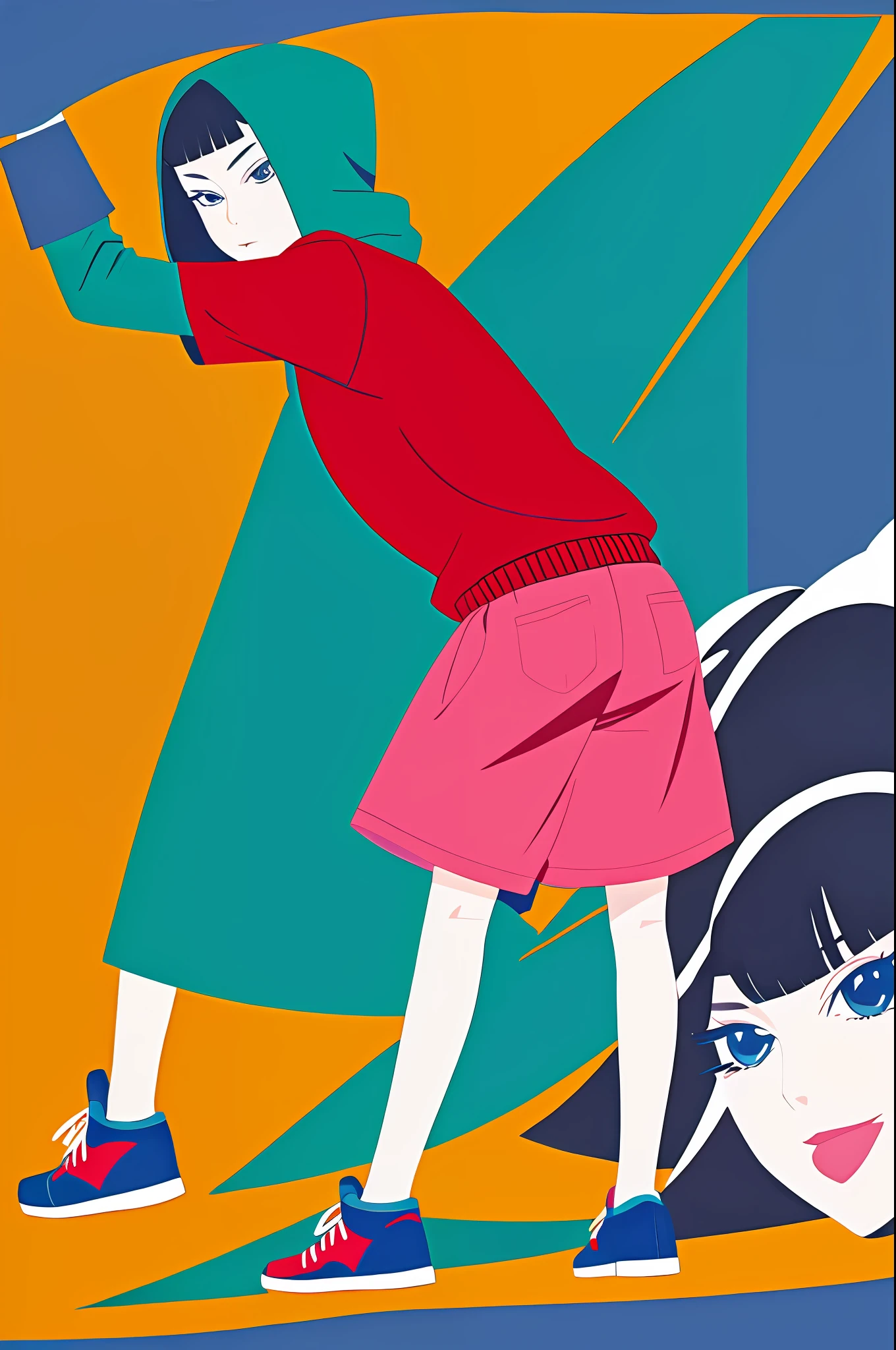 1girl in, Vector art, flat-colors, pop-art, Pattern, city scenery, Hoodie, Shorts, sneakers, bob cuts, Full body, Pose, Squatting, lofi color, (Hyperlophe), (masutepiece,Best Quality:1.5)