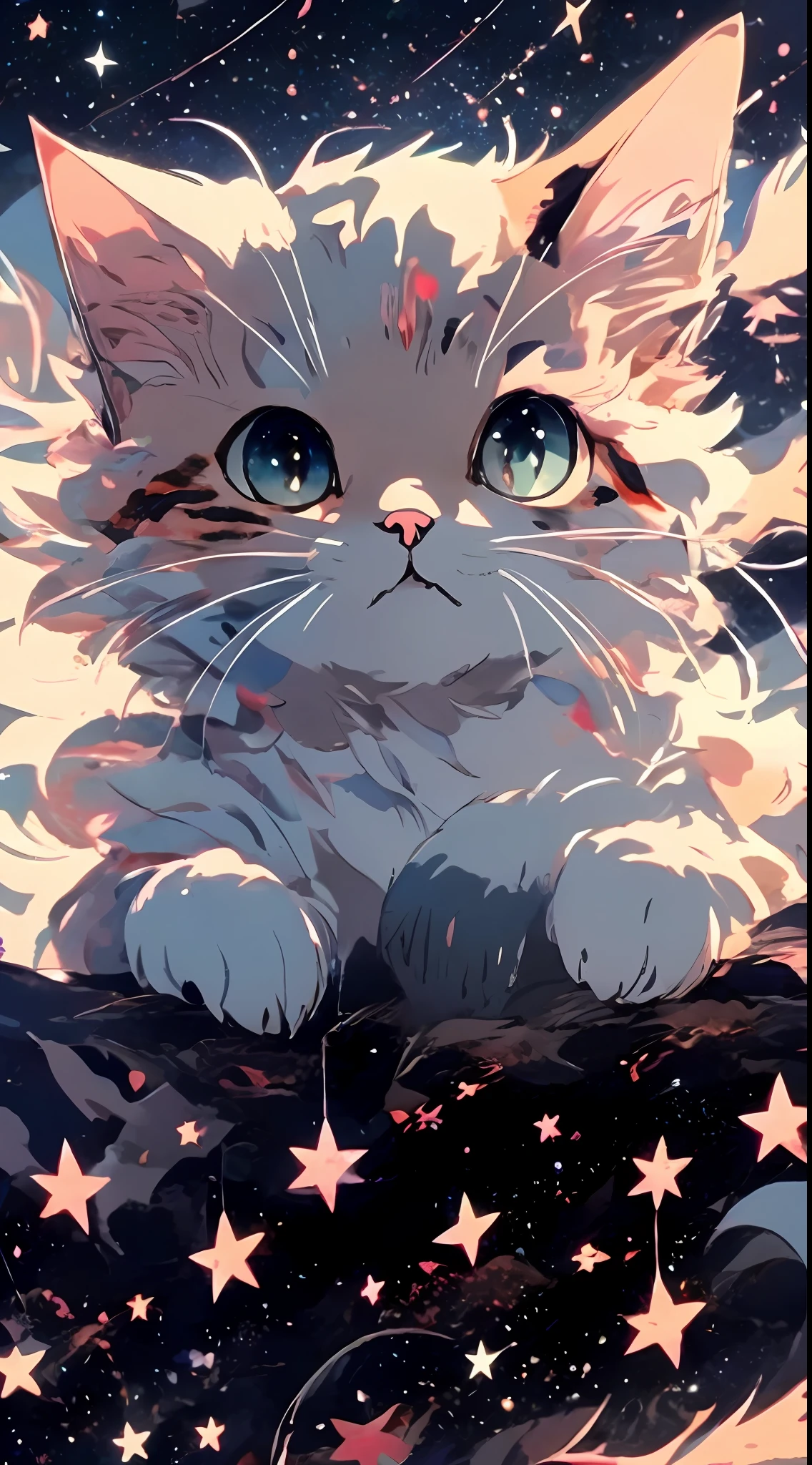 Anime art wallpaper，background starry sky，eine Katze，Walk happily with your tail up，The cat head appears，4K clarity。Draw realistic and cute anime cats in detail，Digital art style。8K HD digital anime wallpaper，Ultra-high detail values，Delicate and cute，Showcasing the most exquisite digital animation art。