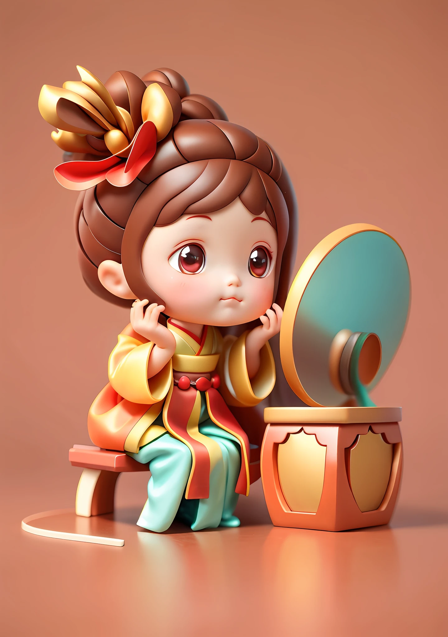 a blind box toy，A cute antique  girl，cute  face，Pouting，Brown hair long，Coiled hair，Red top，wearing a hanfu，sitted，Look in the mirror