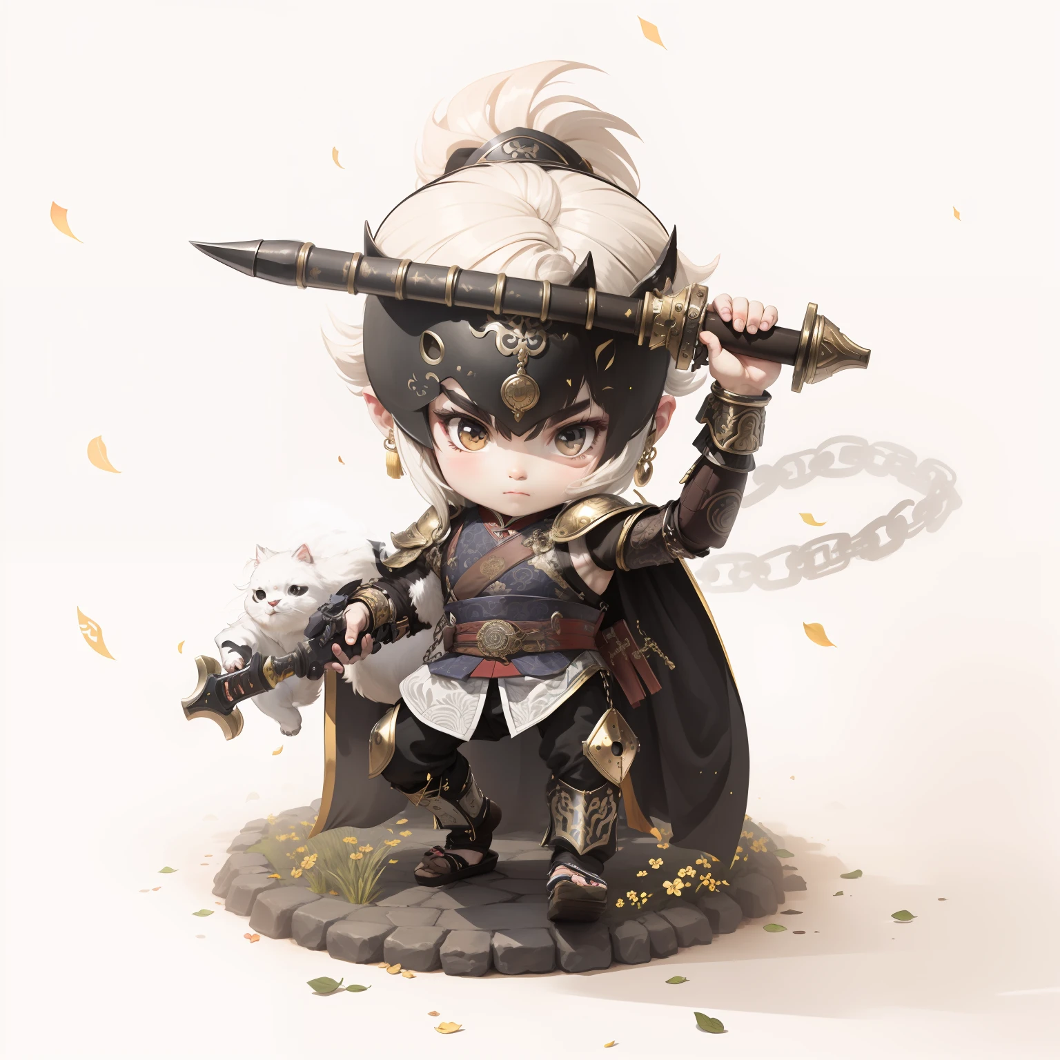 male people,Male characters,tchibi,Bad,Arms,Dual weapons,Ancient Chinese weapons,The handle has a delicate pattern,Shoulder blades,metal breastplate,chainmail,Animal pattern cuirass,chest plate,Bracers,Flowing hem,China-style,Chinese-style clothing,Chinese shoes,There are beautiful patterns on the weapon grips,Refinement,Fine painting,Refinement,infinite details,high definition detail,Patterned,Pattern,Blank background,Bright colors,Metal edging