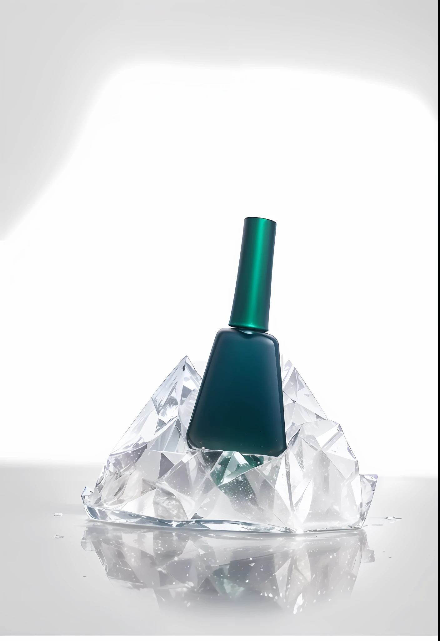 Product posters, Faraway view, A piece of crystal,There is a bottle of green nail polish on it, Bottle square textured glass frosted, High quality, High detail, Telephoto lens, True relationship between light and shadow, 32K, Product photography.