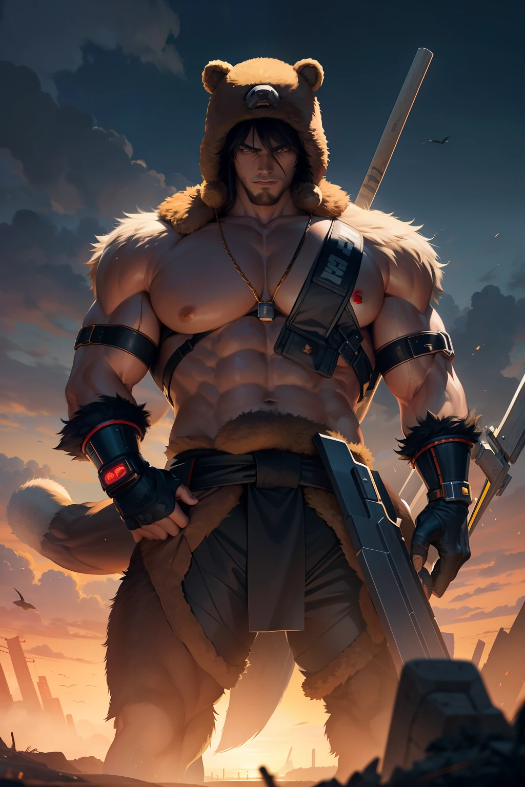 Visualize a cyberpunk scene set in the year 2500 on a desolate Earth. The central figure is Kintaro, a muscular, large Japanese man with a lively expression. He's armed with a massive energy axe, a tool used for chopping trees, and is dressed in a combat suit. A bear fur hat sits on his head, and a bear-shaped pendant, which serves as a power booster, hangs around his neck. Accompanying him is his pet, a gigantic bear. The color palette is dominated by gold and brown. The image should be hyper-realistic, highly detailed, and high-resolution 16k. The lighting should be neon and futuristic, casting an eerie glow on Kintaro, his pet bear, and the desolate landscape. Use a wide-angle lens to capture the vastness of the environment and a shallow depth of field to focus on Kintaro and his bear. --ar 16:9 --v 5.1 --style raw --q 2 --s 750